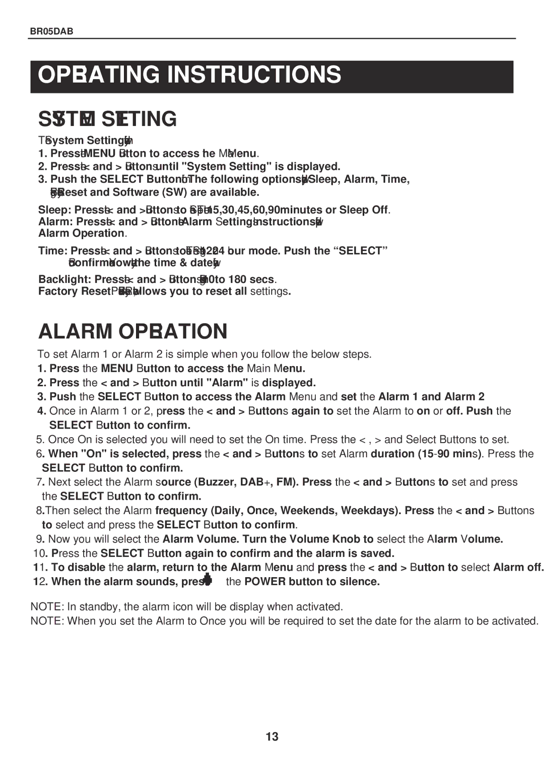 Bush BR05DAB instruction manual System Setting 