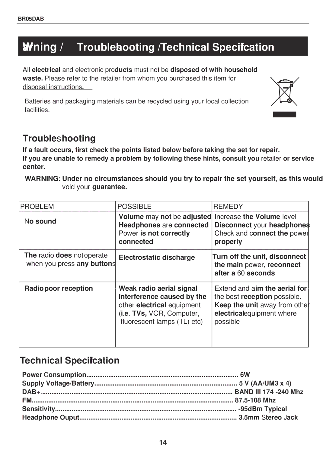 Bush BR05DAB instruction manual Troubleshooting 