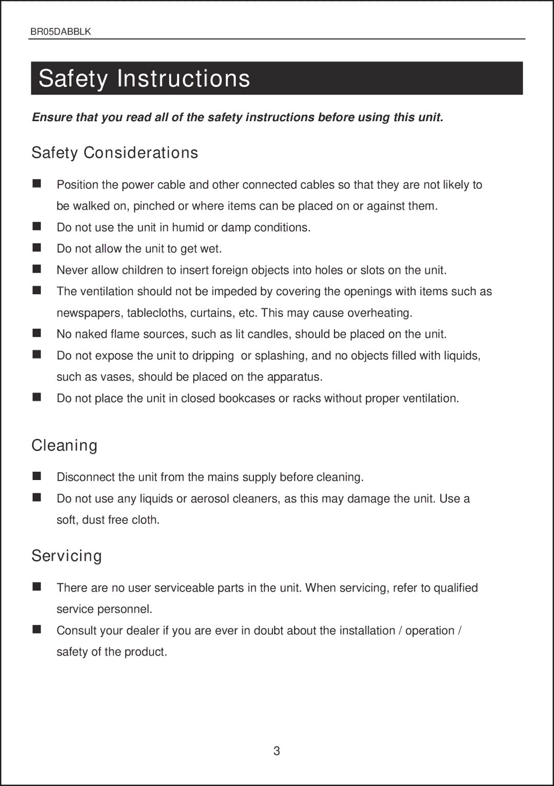 Bush BR05DAB instruction manual Safety Instructions 