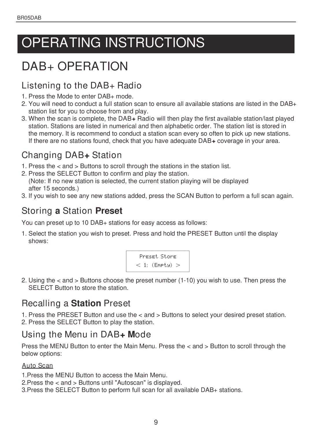 Bush BR05DAB instruction manual Operating Instructions, Auto Scan 