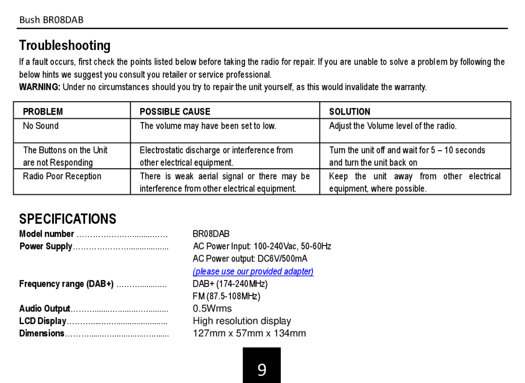 Bush BR08DAB manual Troubleshooting, Frequency range DAB+ ……… 