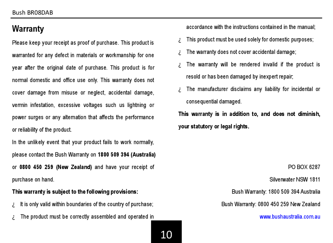 Bush BR08DAB manual Warranty, This warranty is subject to the following provisions 