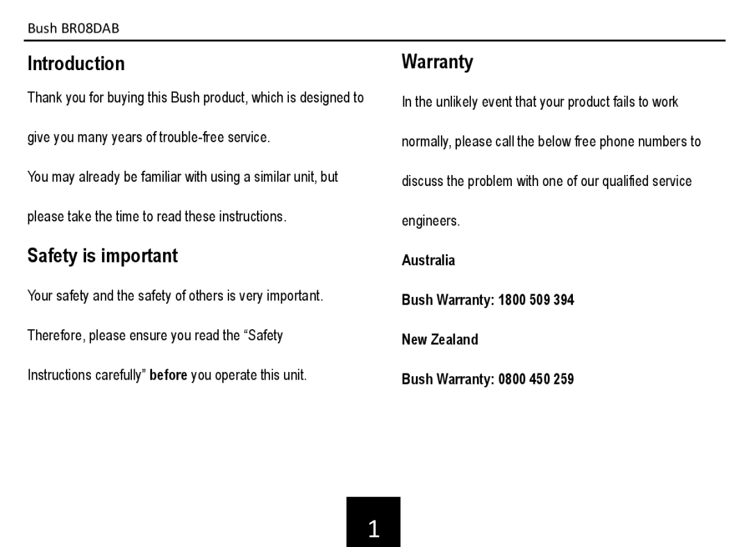 Bush BR08DAB manual Introduction, Safety is important, Warranty 