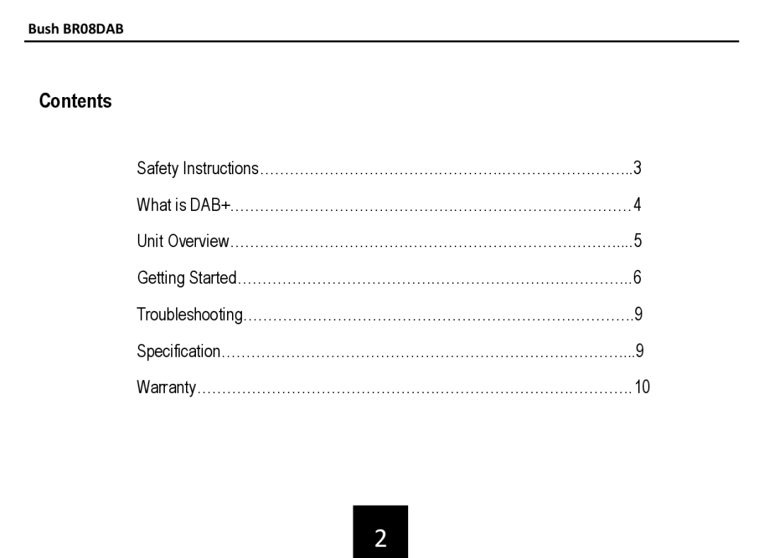 Bush BR08DAB manual Contents 