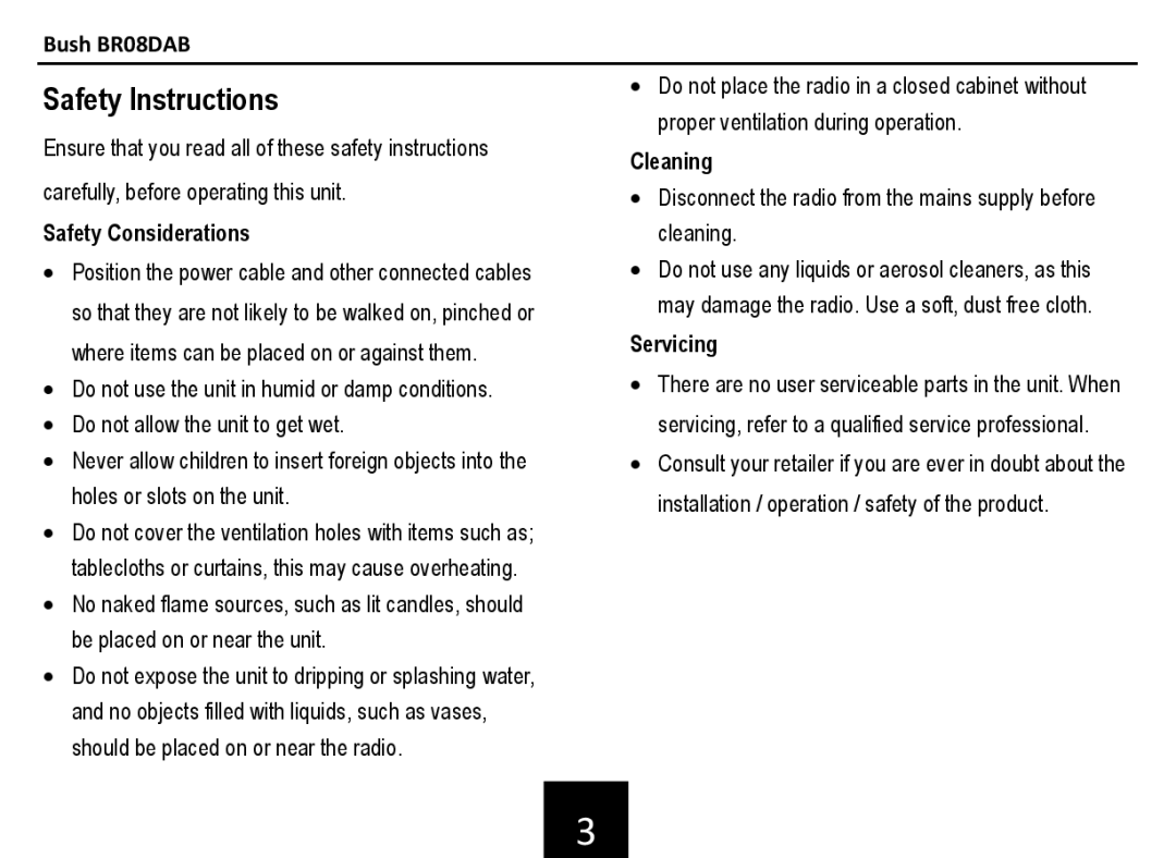 Bush BR08DAB manual Safety Instructions, Safety Considerations 