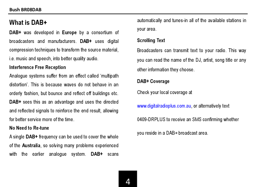 Bush BR08DAB manual What is DAB+, Interference Free Reception 