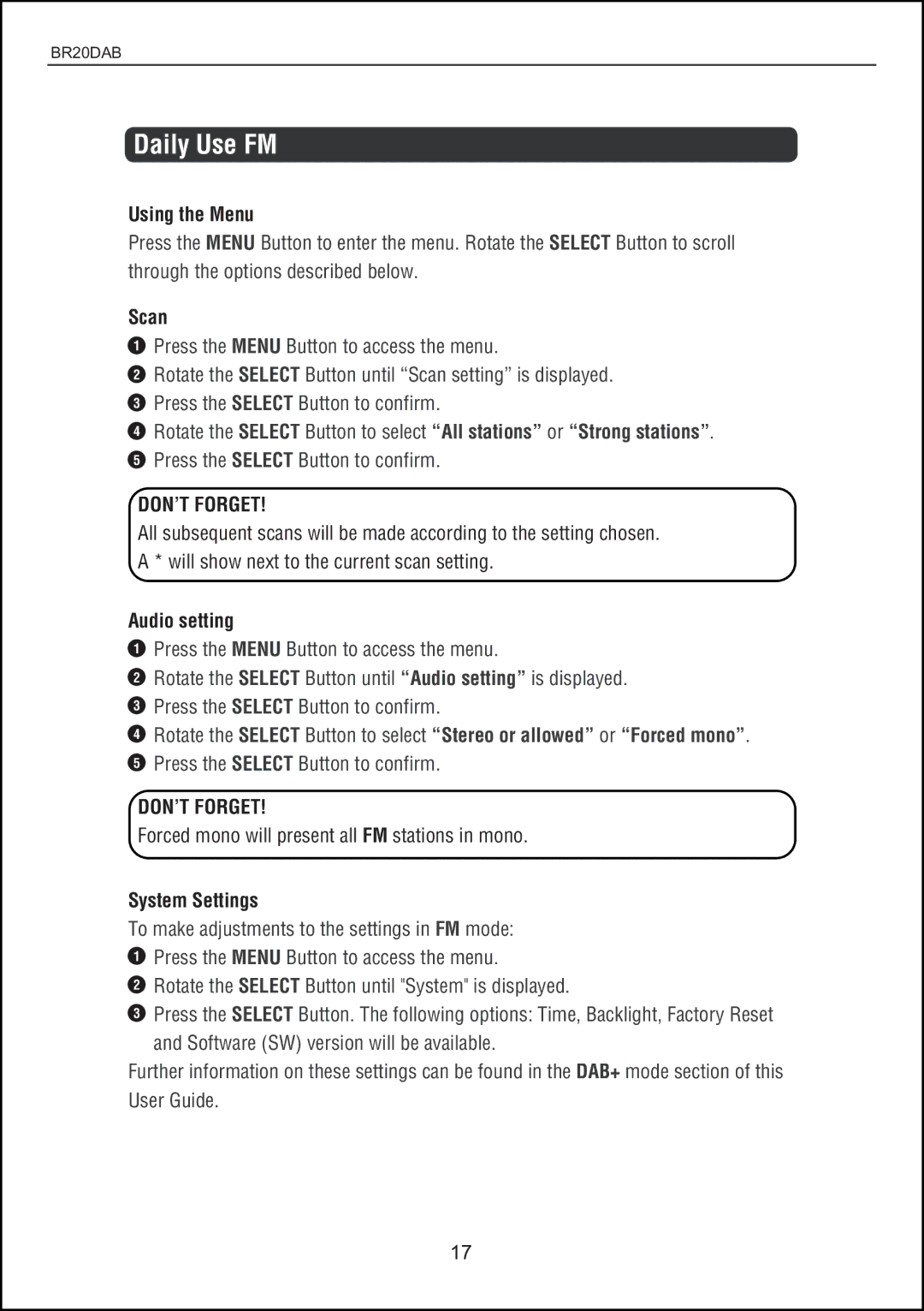 Bush BR20DAB instruction manual Scan, Audio setting 