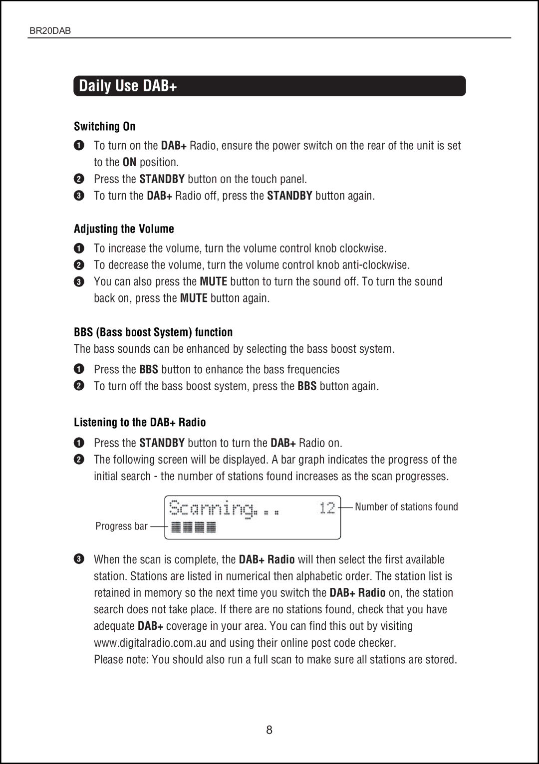 Bush BR20DAB instruction manual Daily Use DAB+, Switching On 