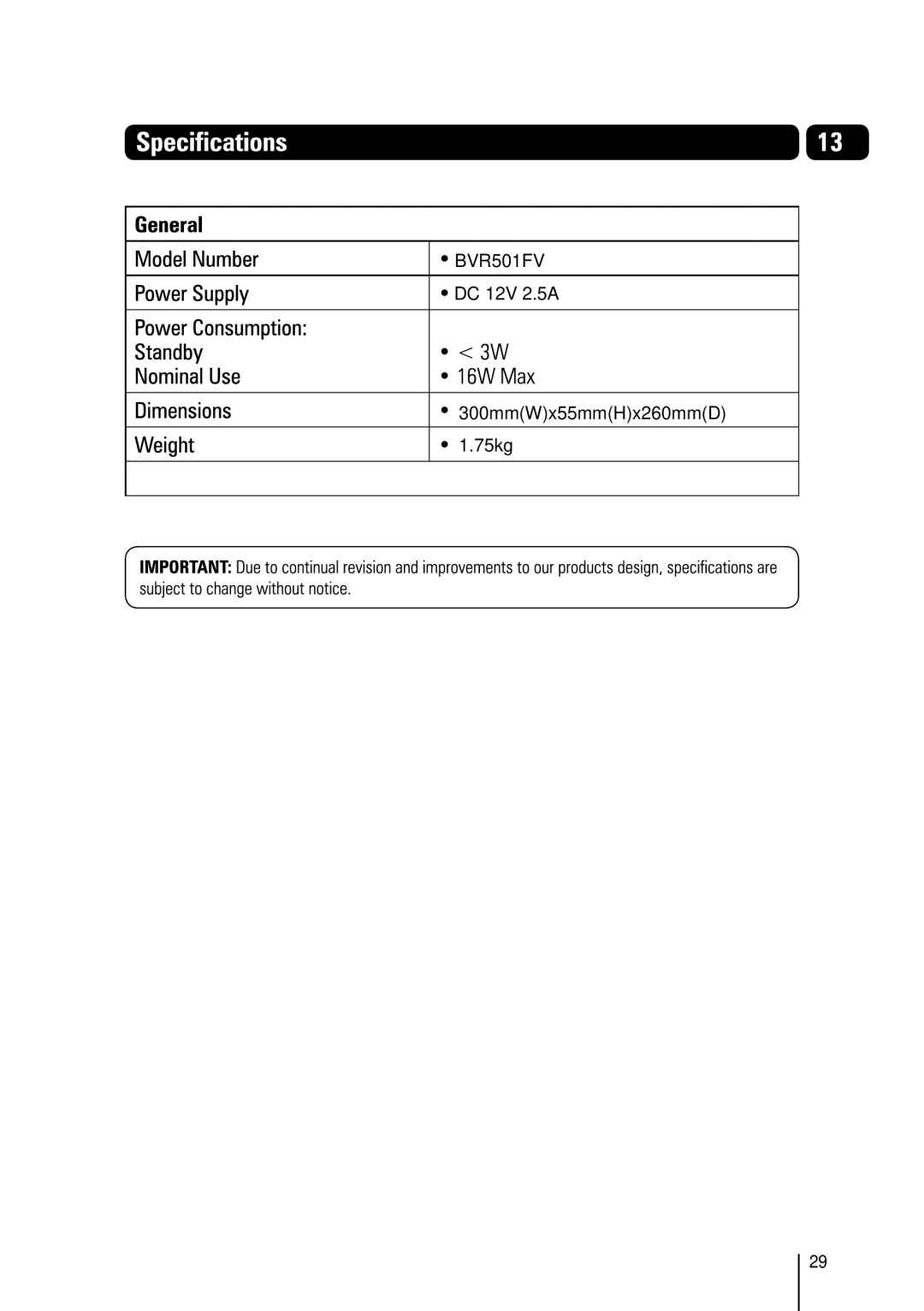 Bush manual BVR501FV DC 12V 2.5A 300mmWx55mmHx260mmD 75kg 