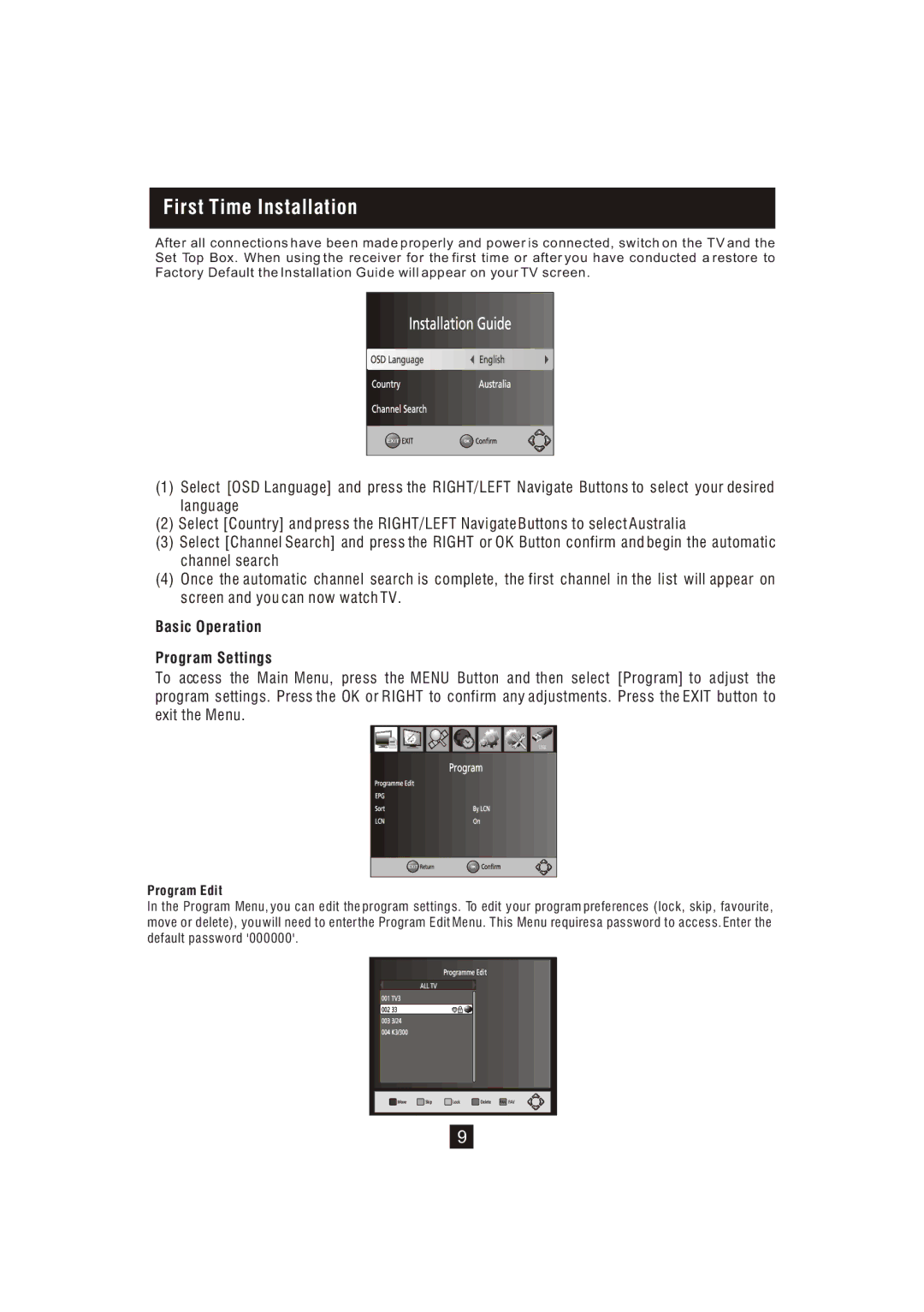 Bush DFTA16HD instruction manual First Time Installation, Basic Operation Program Settings 