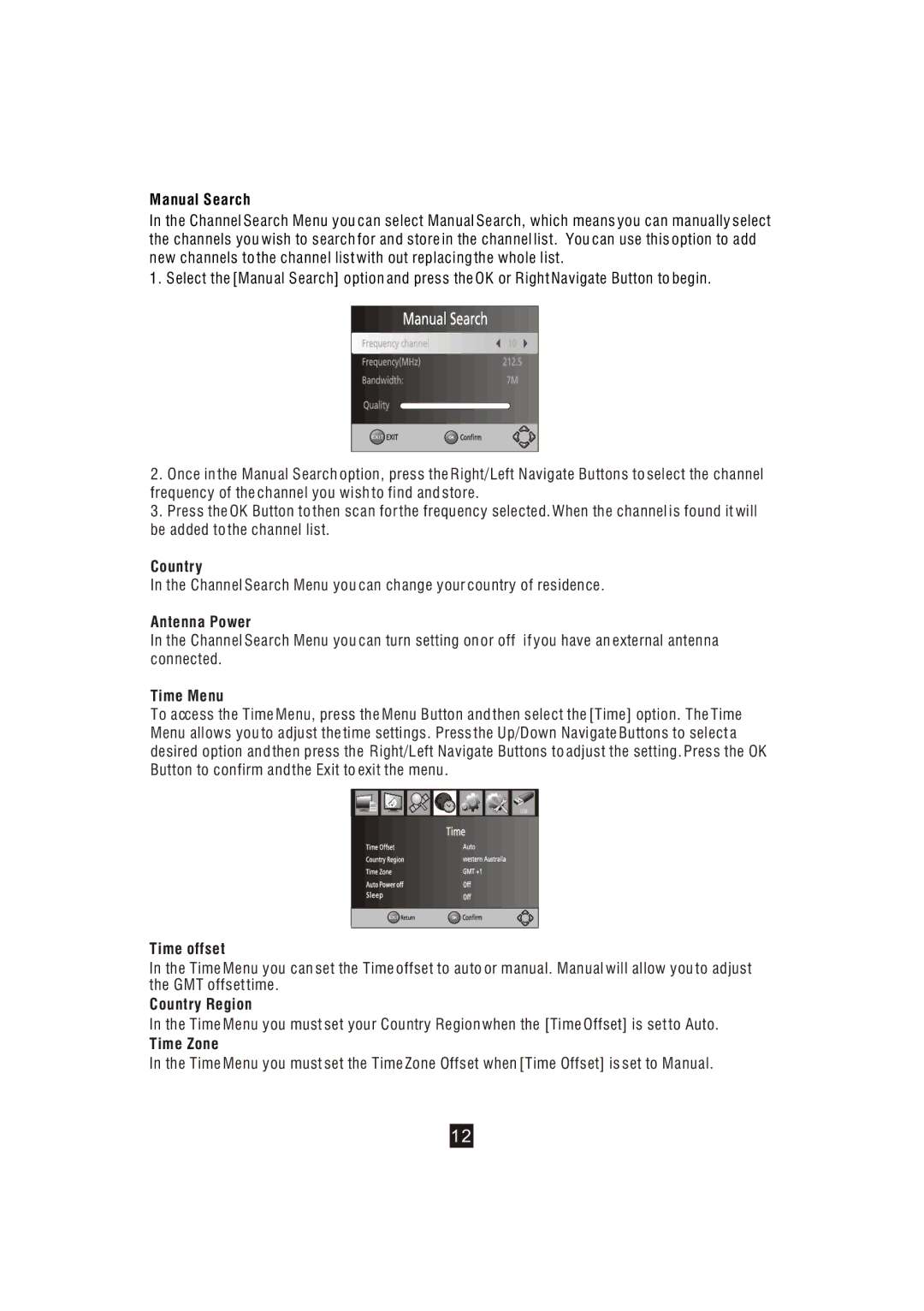 Bush DFTA16HD instruction manual Country, Antenna Power, Time Menu 