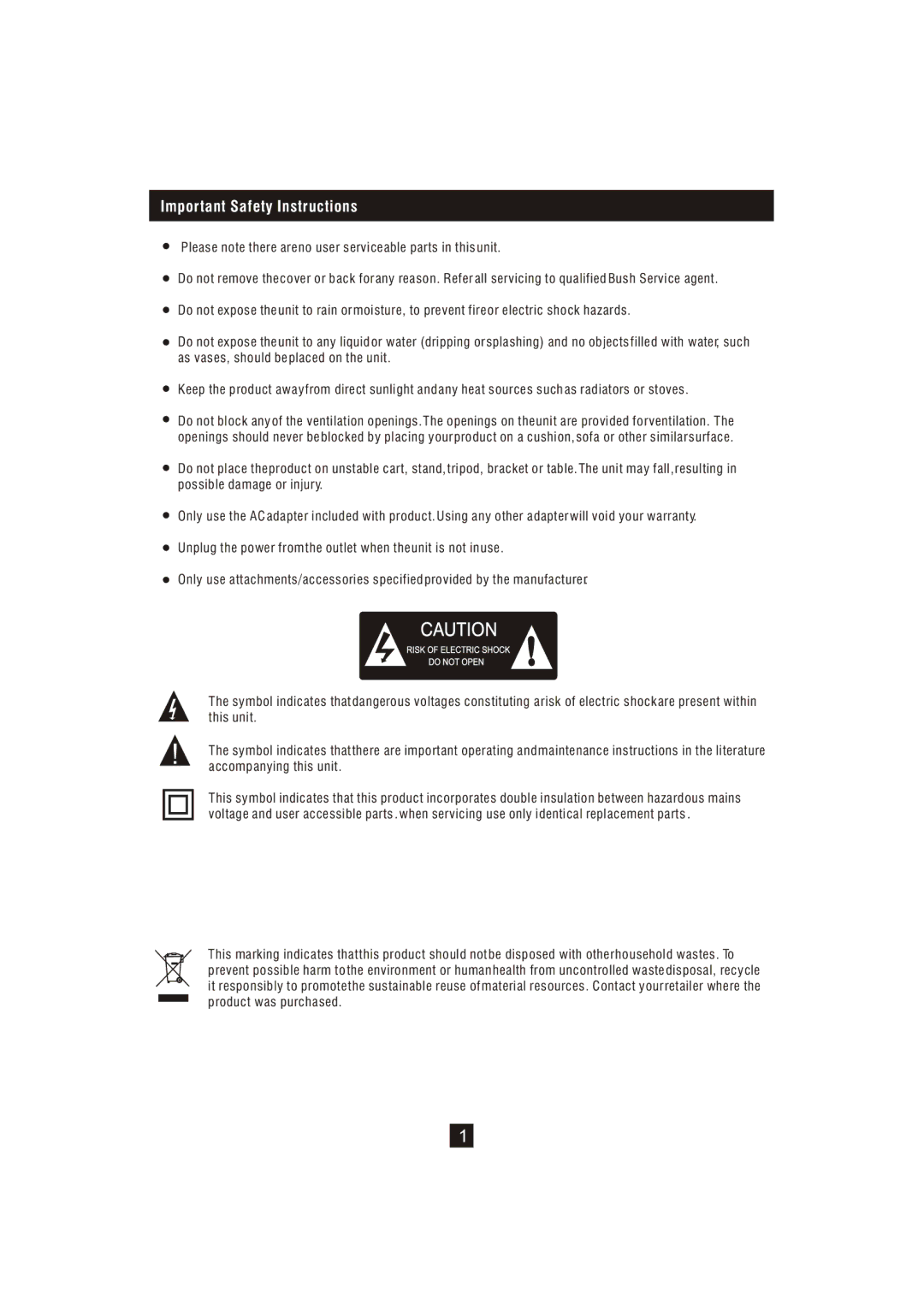 Bush DFTA16HD instruction manual Important Safety Instructions 