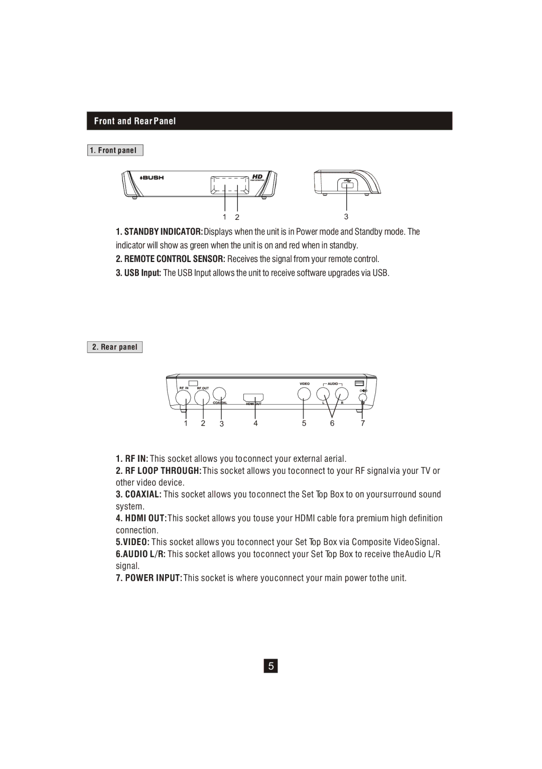 Bush DFTA16HD instruction manual Front and Rear Panel 