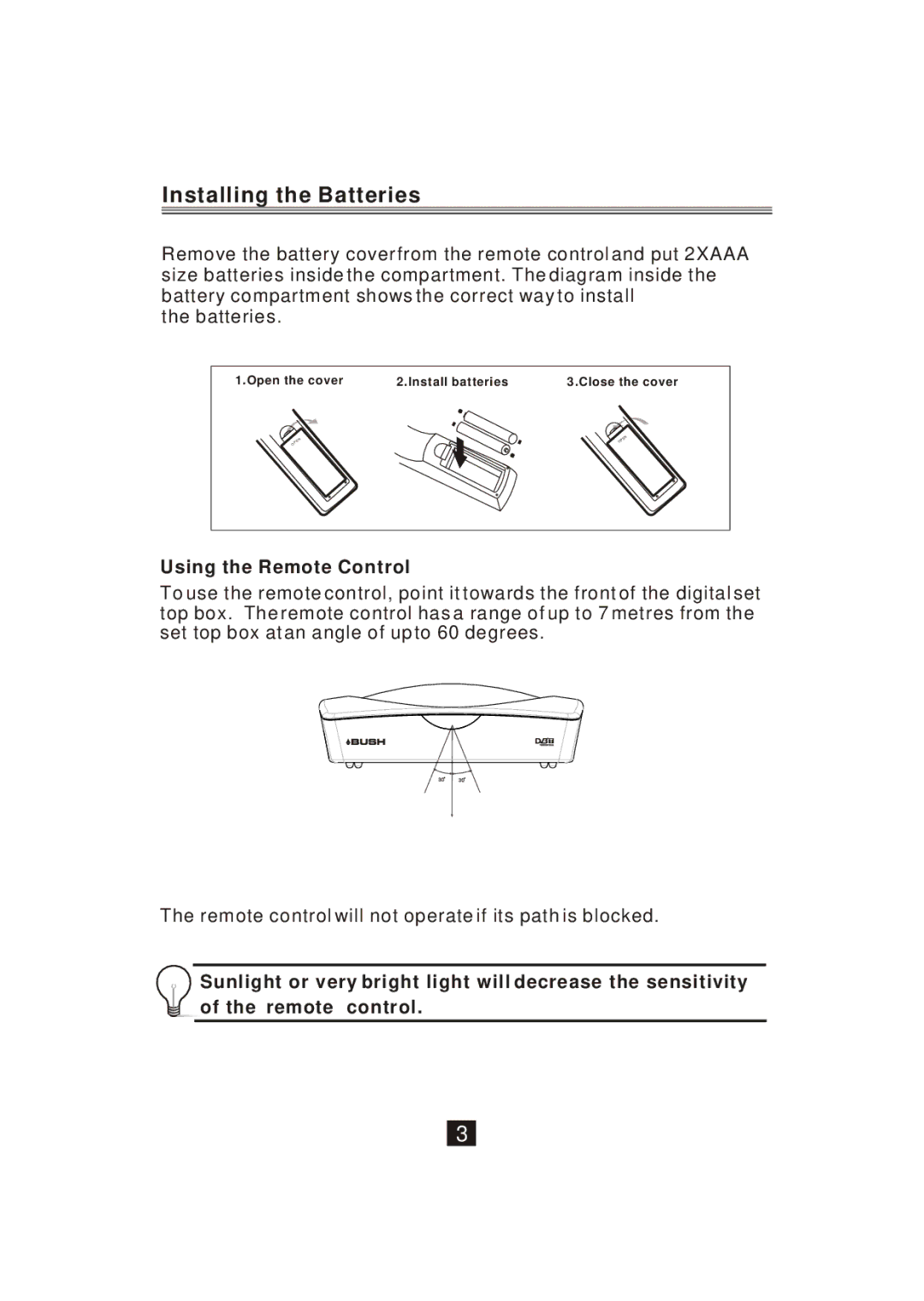 Bush DFTA2 instruction manual Installing the Batteries, Using the Remote Control 