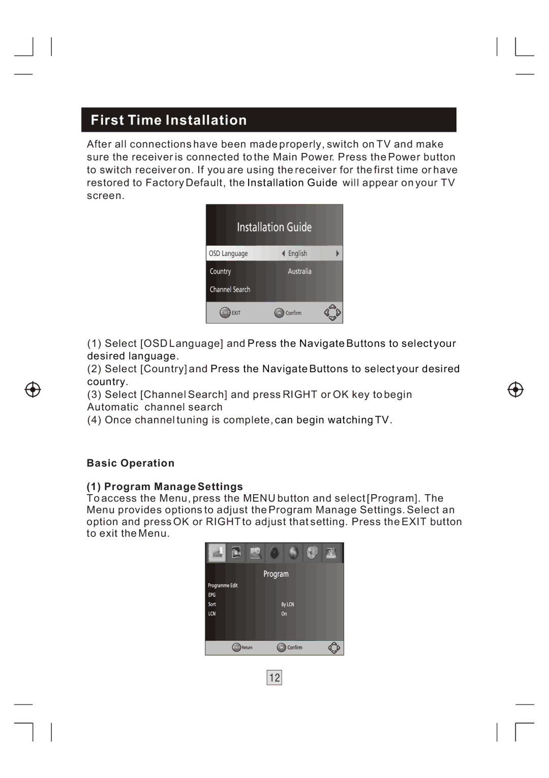 Bush DFTA46R manual First Time Installation, Basic Operation Program Manage Settings 