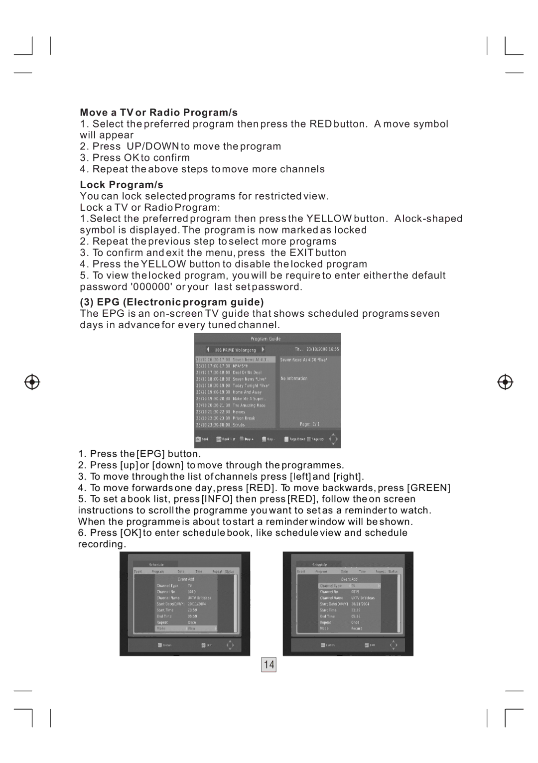 Bush DFTA46R manual Move a TV or Radio Program/s, Lock Program/s, EPG Electronic program guide 