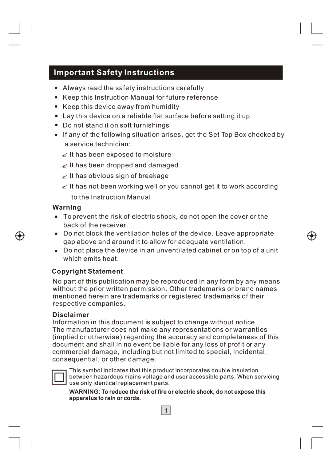 Bush DFTA46R manual Important Safety Instructions, Copyright Statement, Disclaimer 