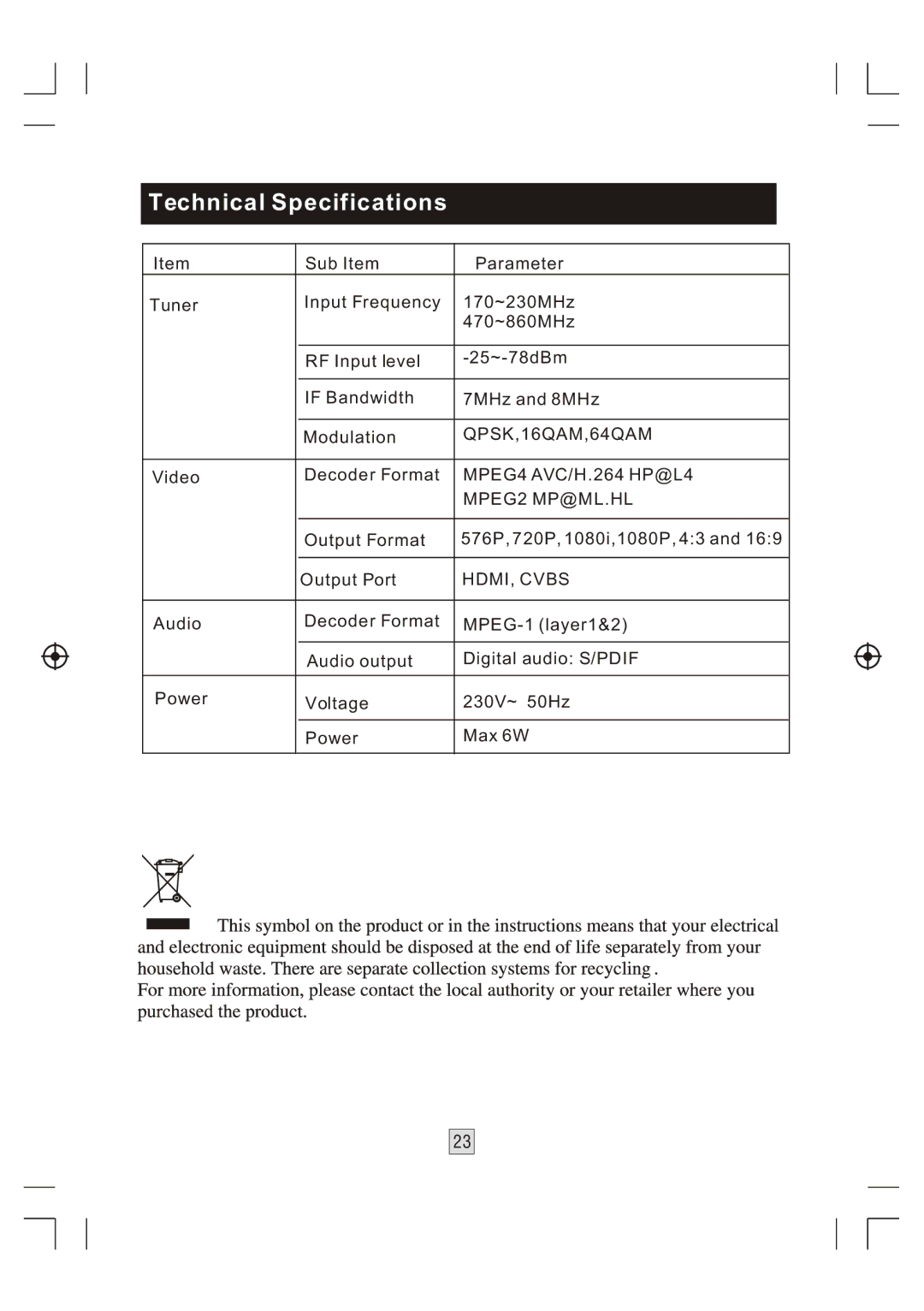 Bush DFTA46R manual Technical Specifications 