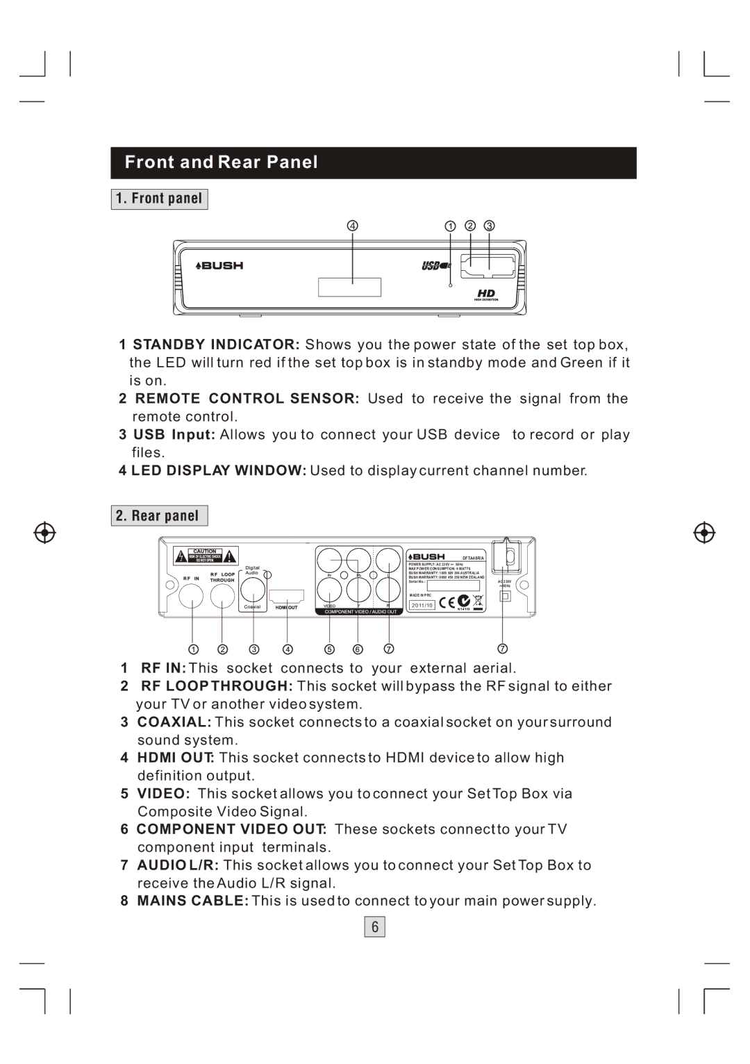 Bush DFTA46R manual Front and Rear Panel, Front panel, Rear panel 