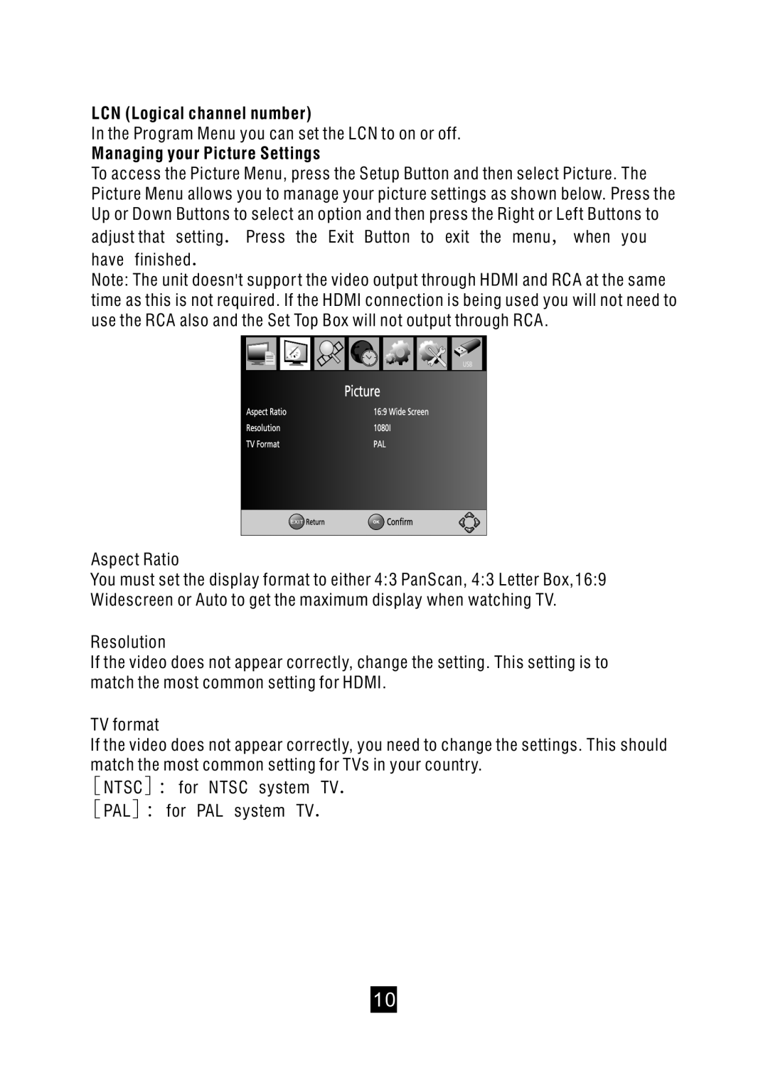 Bush DFTA49DVD instruction manual LCN Logical channel number, Managing your Picture Settings 