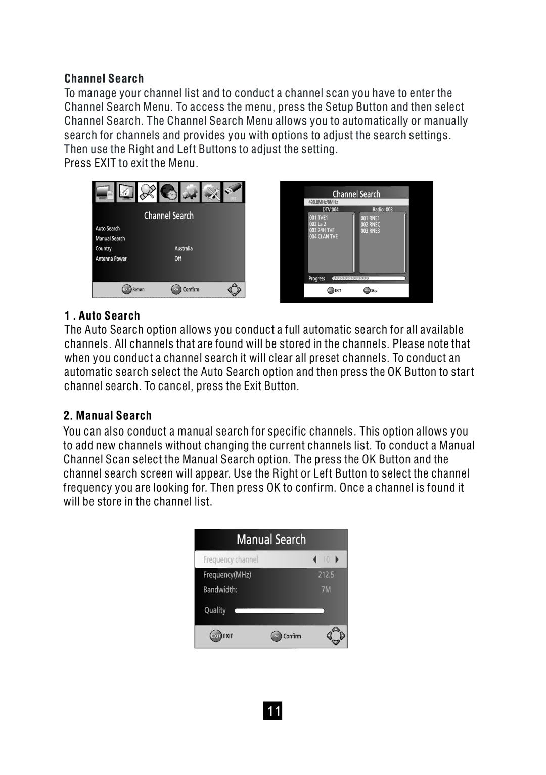 Bush DFTA49DVD instruction manual Channel Search, Auto Search, Manual Search 