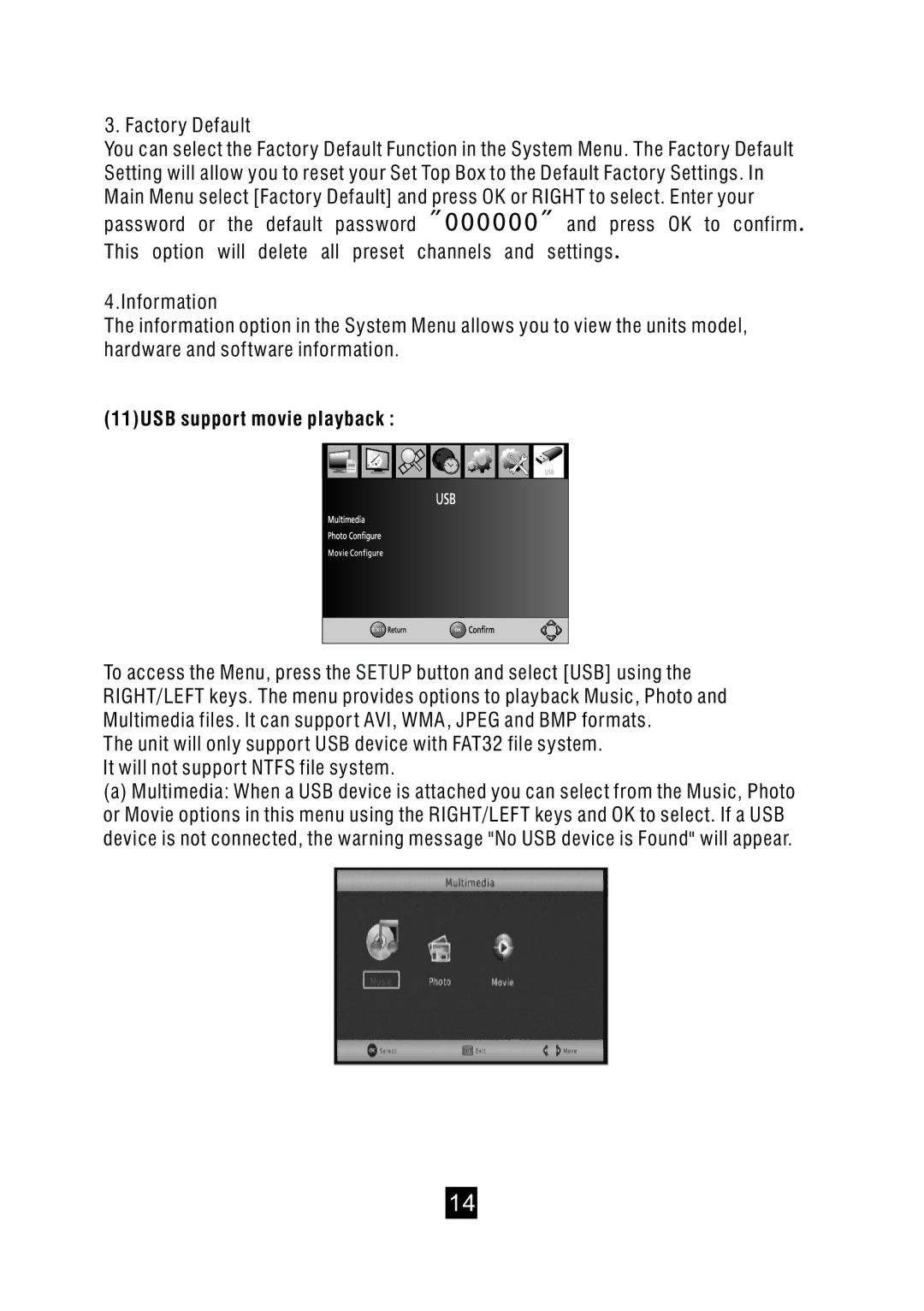 Bush DFTA49DVD instruction manual Factory Default, 11USB support movie playback 