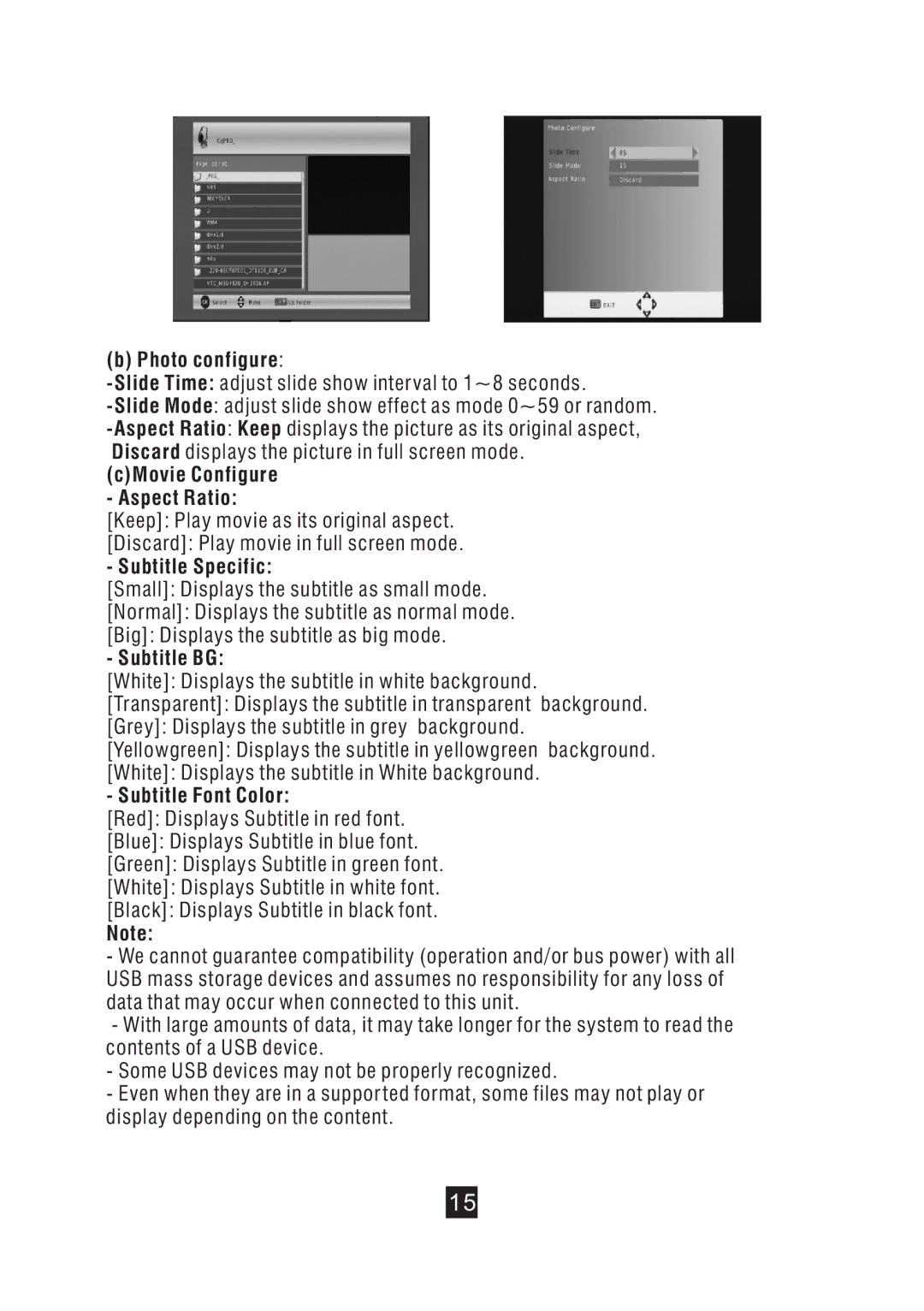 Bush DFTA49DVD Photo configure, CMovie Configure Aspect Ratio, Subtitle Specific, Subtitle BG, Subtitle Font Color 