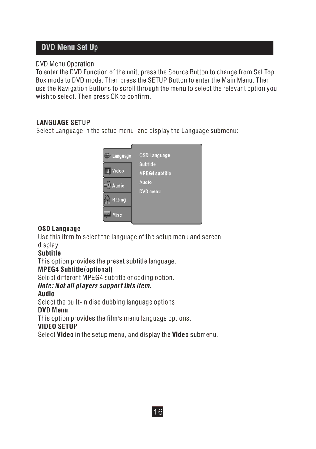 Bush DFTA49DVD instruction manual OSD Language, MPEG4 Subtitleoptional, Audio, DVD Menu 