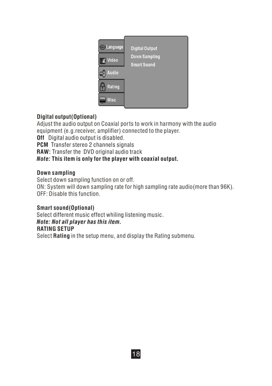 Bush DFTA49DVD instruction manual Digital outputOptional, Down sampling, Smart soundOptional 