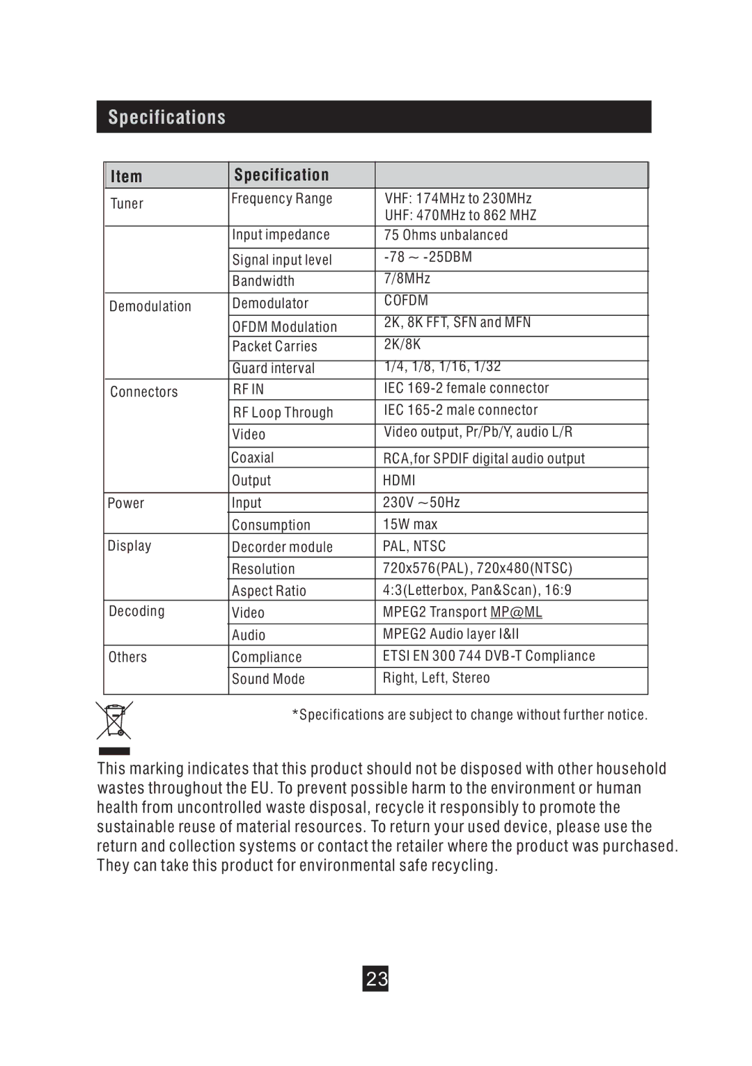 Bush DFTA49DVD instruction manual Specifications 