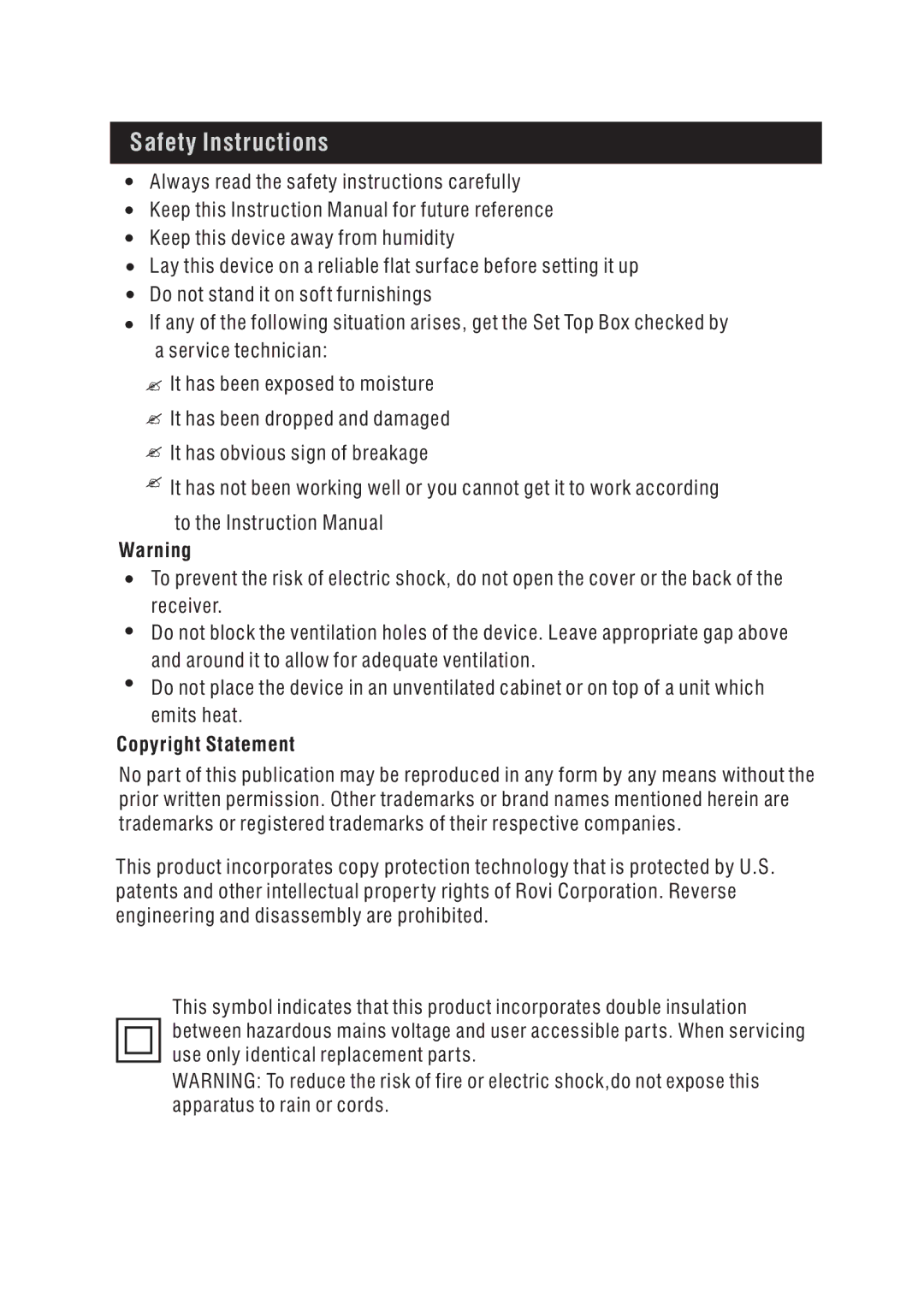 Bush DFTA49DVD instruction manual Safety Instructions, Copyright Statement 