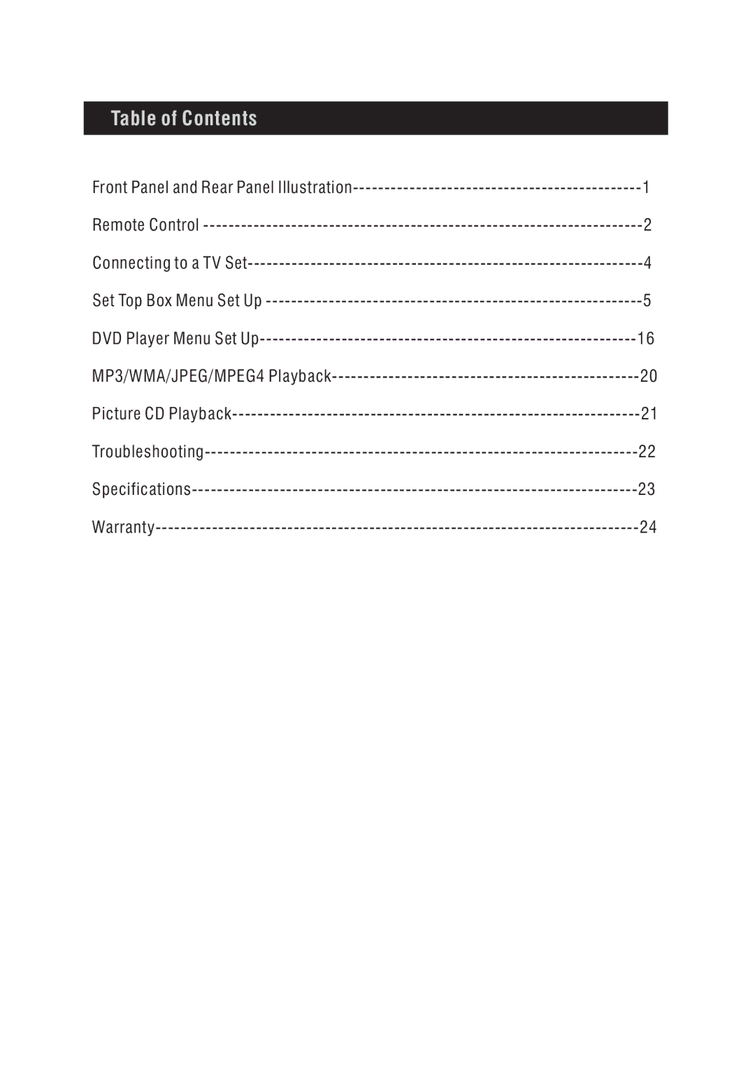 Bush DFTA49DVD instruction manual Table of Contents 