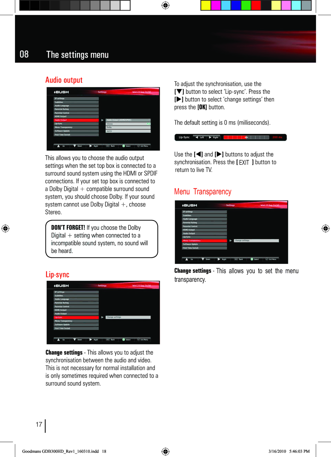 Bush DFTA50FVE instruction manual Menu Transparency 