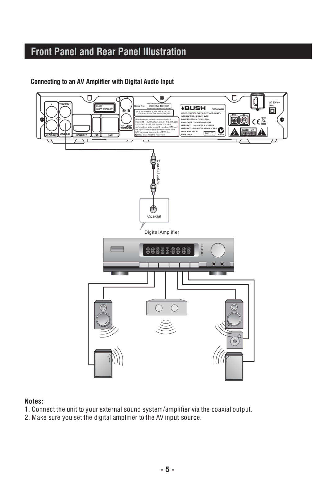 Bush DFTA60BR instruction manual Connecting to an AV Amplifier with Digital Audio Input 