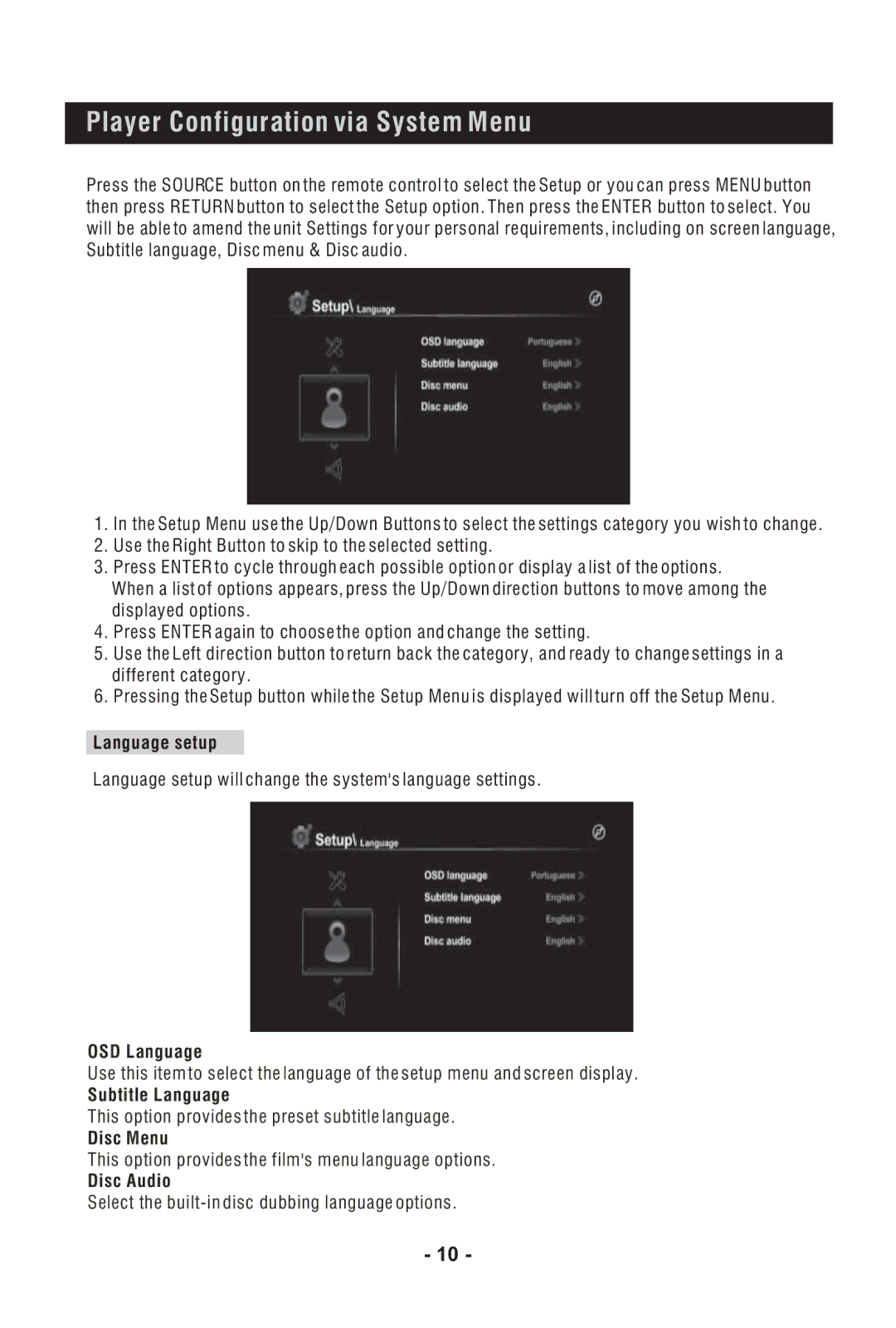 Bush DFTA60BR instruction manual Player Configuration via System Menu, Language setup, Disc Menu 