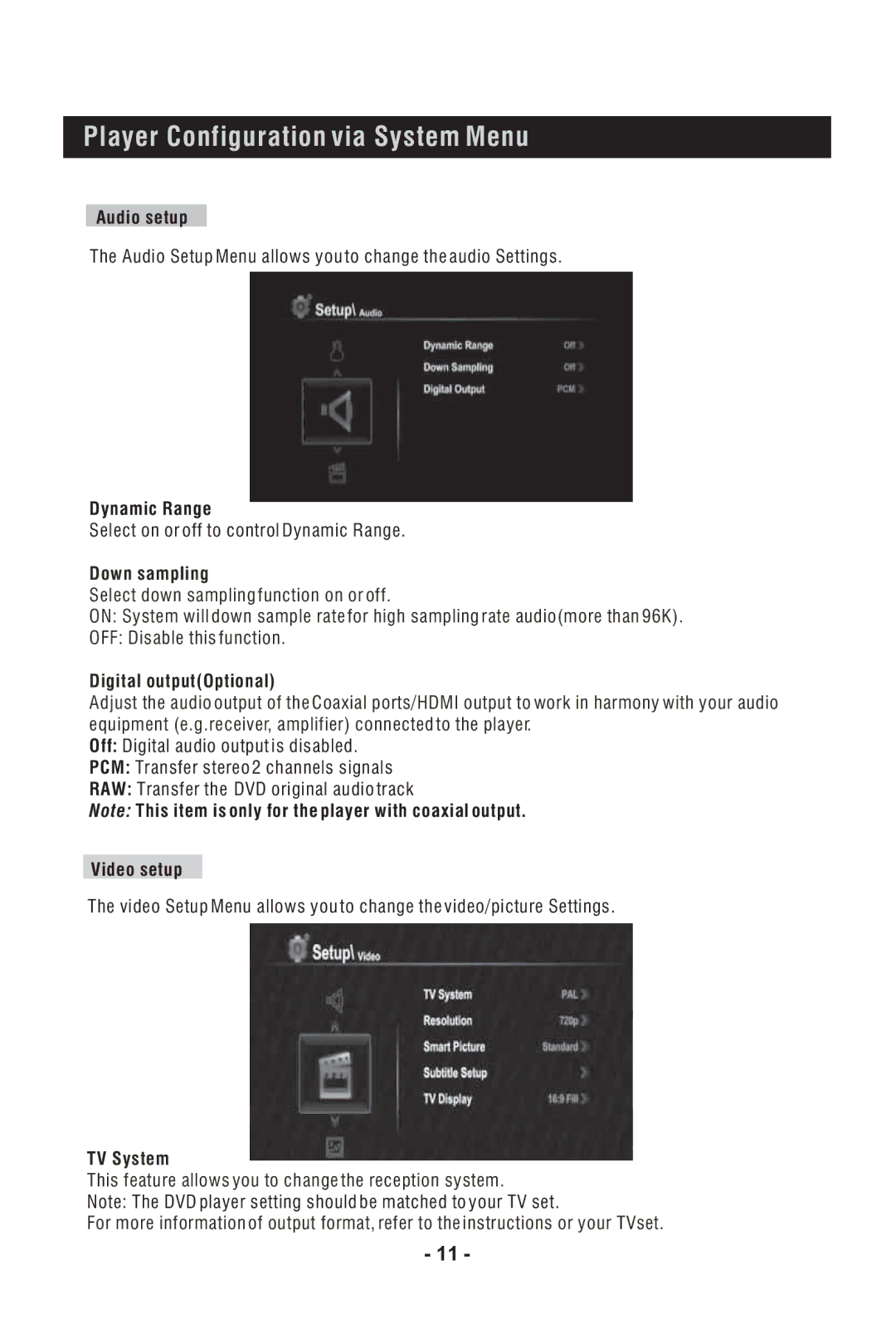 Bush DFTA60BR instruction manual Audio setup, Dynamic Range, Video setup 