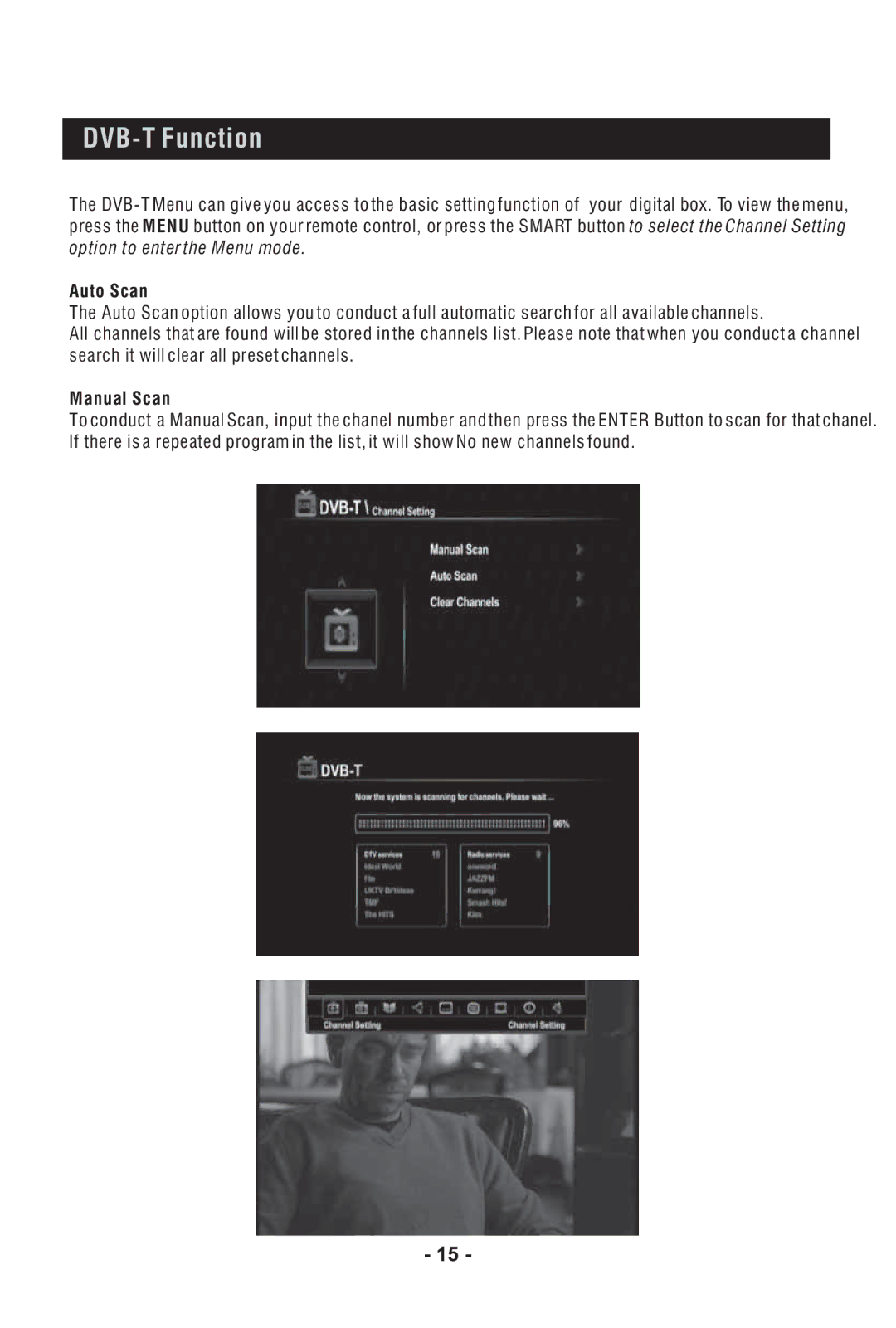 Bush DFTA60BR instruction manual DVB-T Function, Auto Scan, Manual Scan 