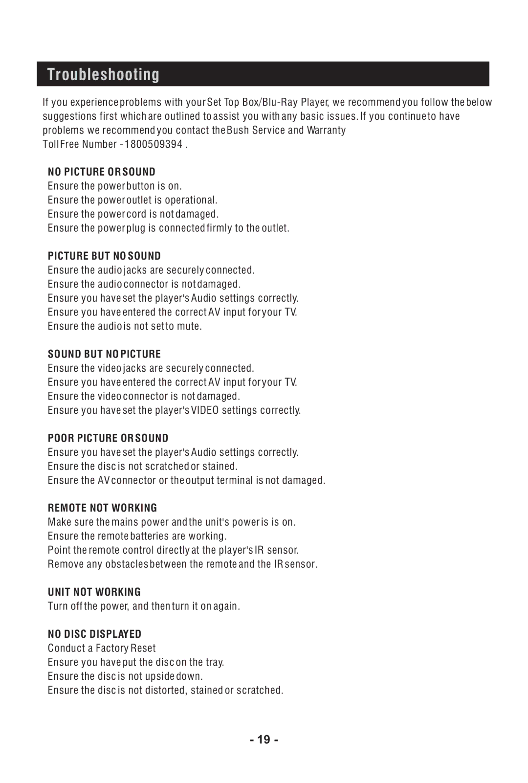 Bush DFTA60BR instruction manual Troubleshooting 