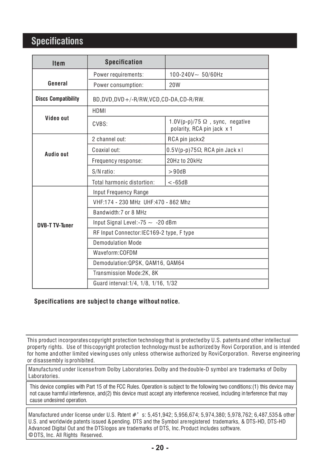 Bush DFTA60BR instruction manual Specifications are subject to change without notice 