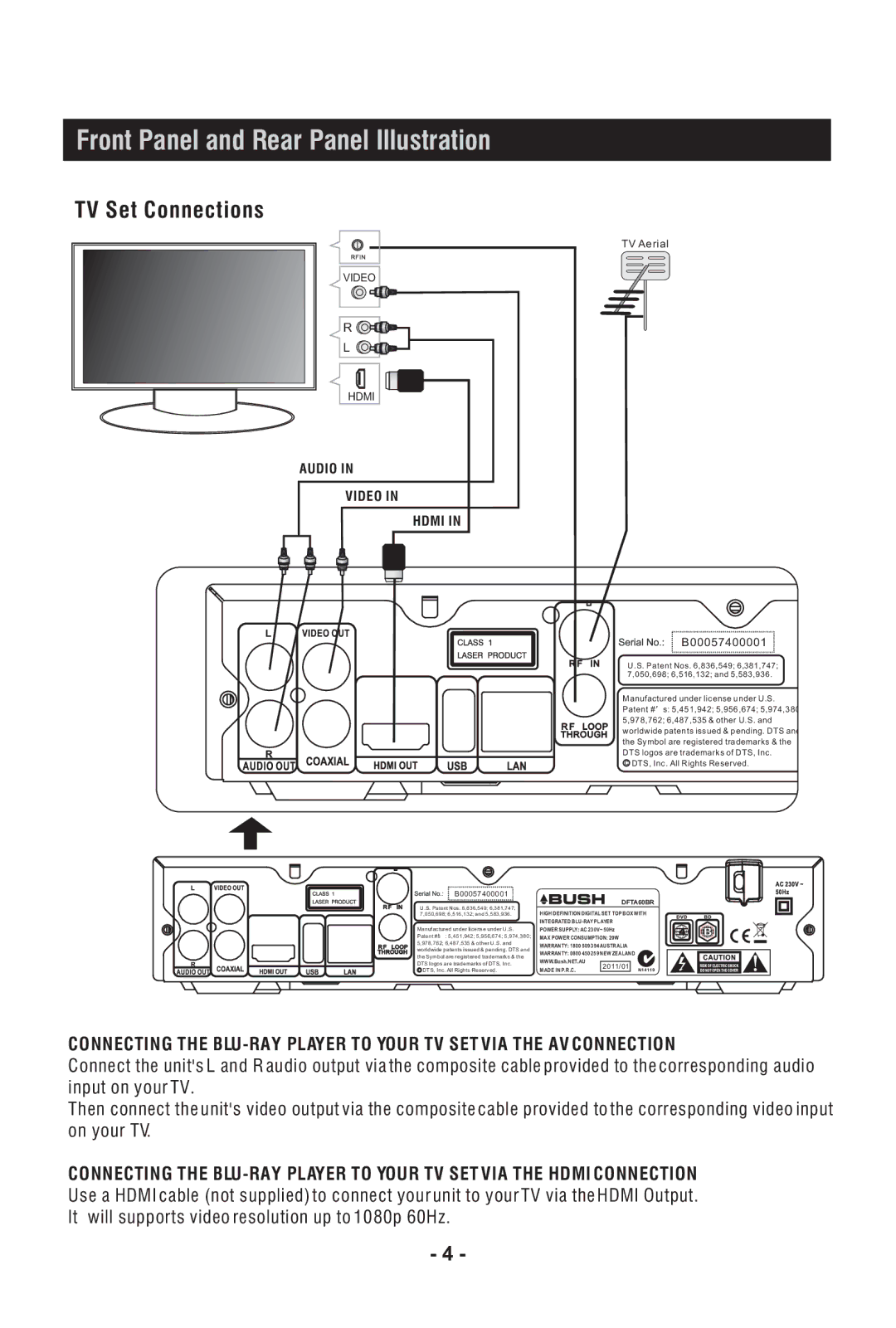 Bush DFTA60BR instruction manual TV Set Connections 