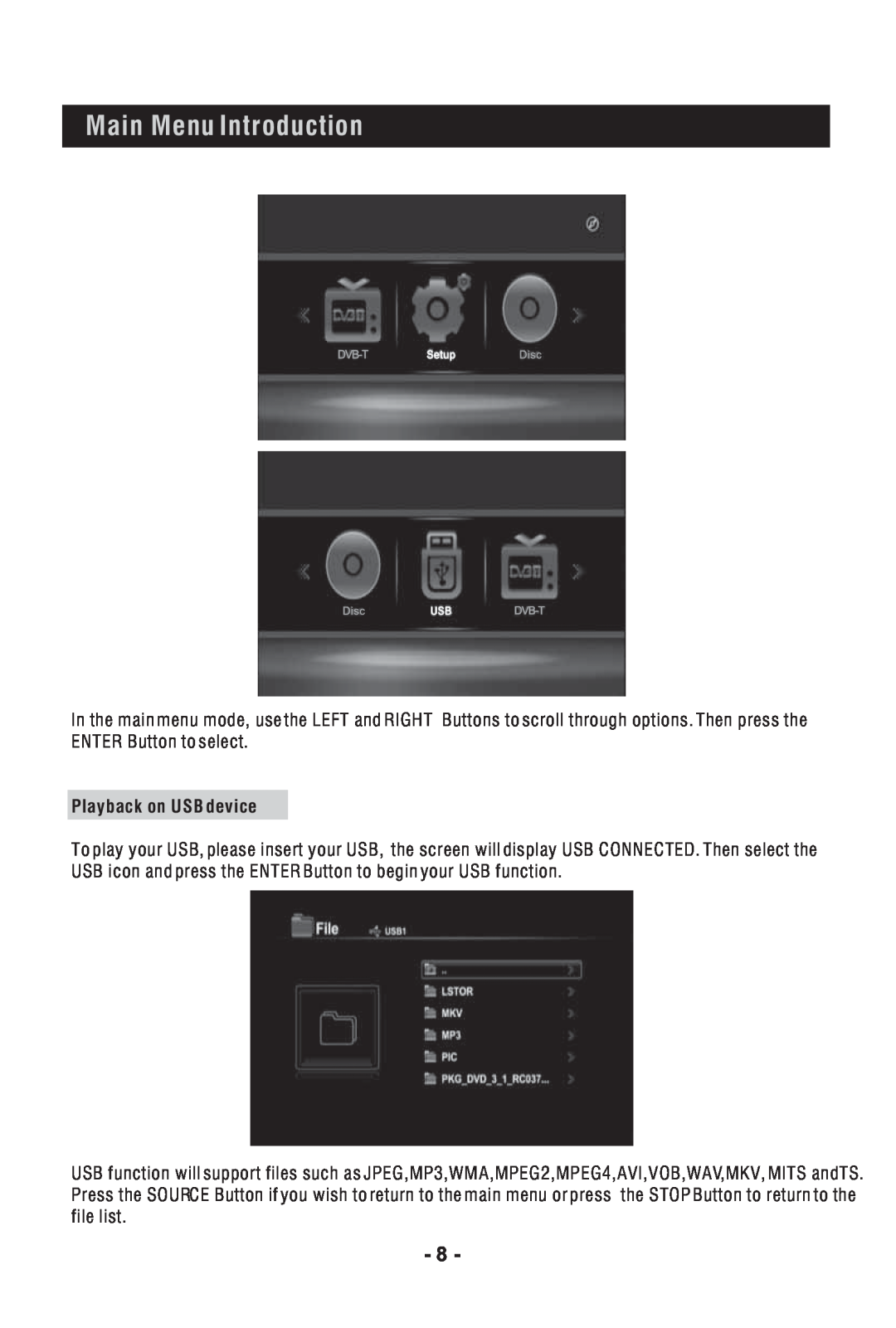 Bush DFTA60BR instruction manual Main Menu Introduction, Playback on USB device 