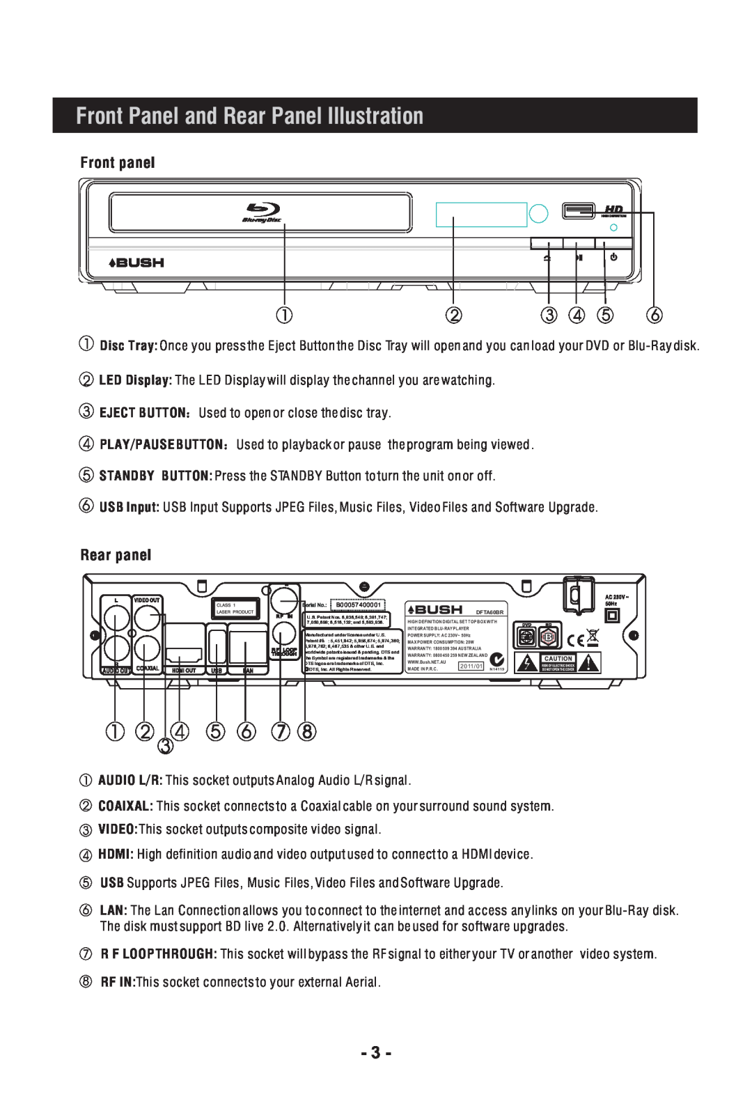 Bush DFTA60BR instruction manual Front Panel and Rear Panel Illustration, Front panel, Rear panel 