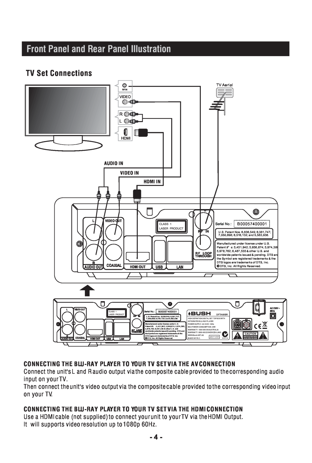Bush DFTA60BR instruction manual Front Panel and Rear Panel Illustration, TV Set Connections 