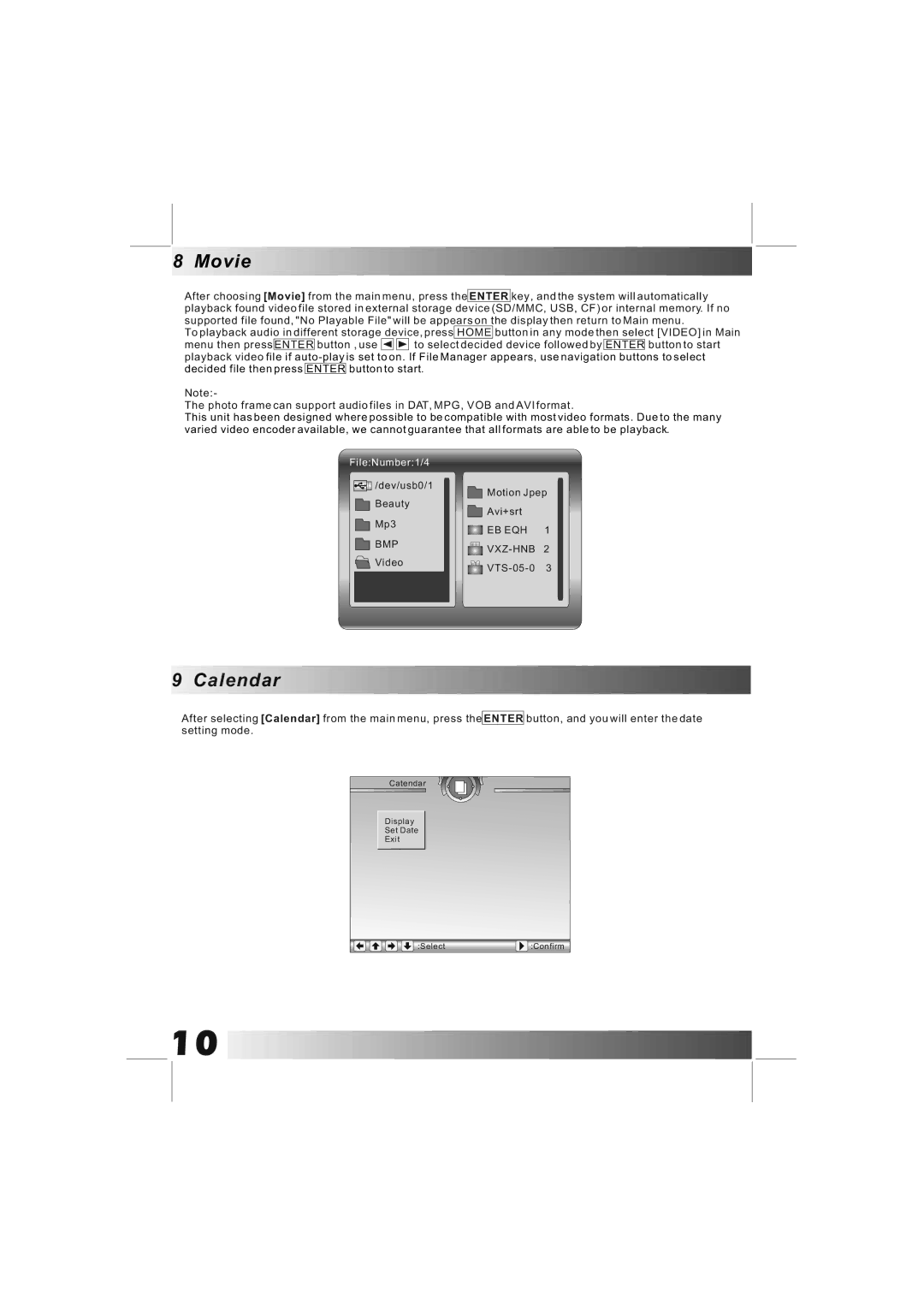 Bush DPF801/DPF1001 manual Movie, Calendar 