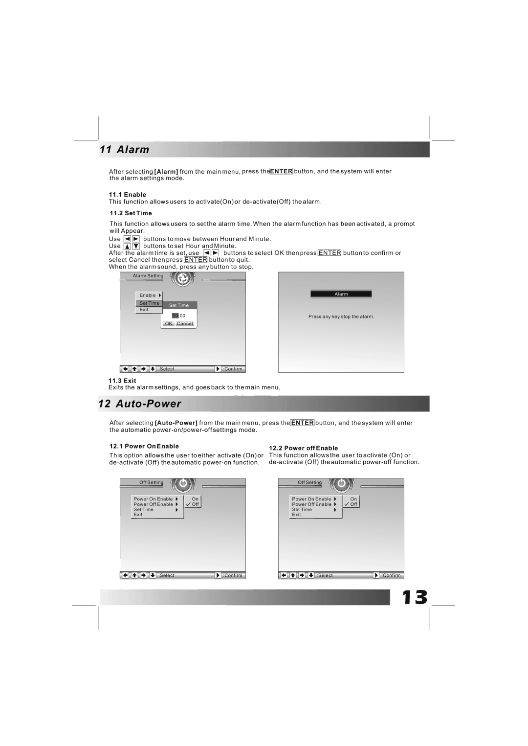 Bush DPF801/DPF1001 manual Alarm, Auto-Power, Power On Enable Power off Enable 