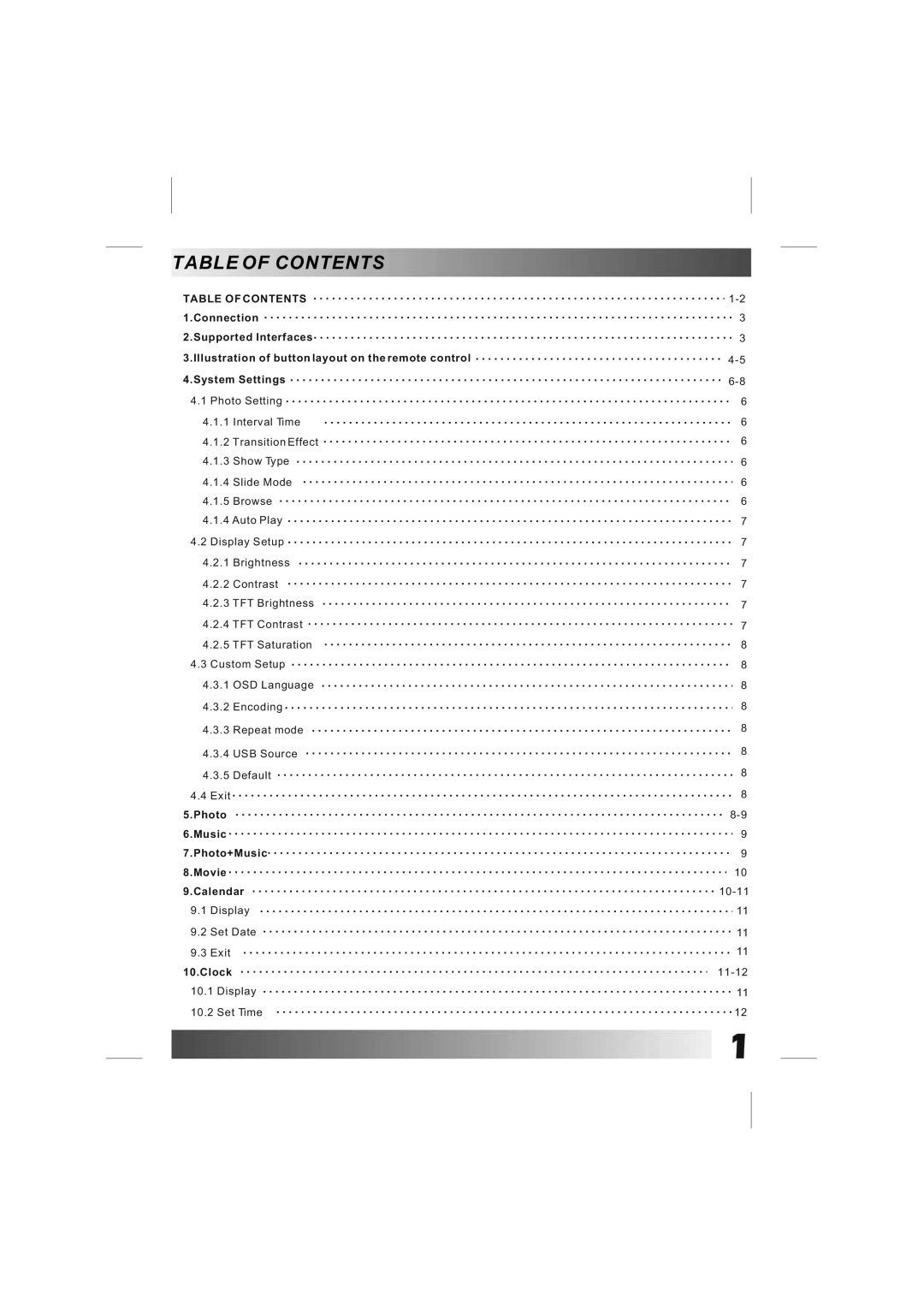 Bush DPF801/DPF1001 manual Table of Contents 