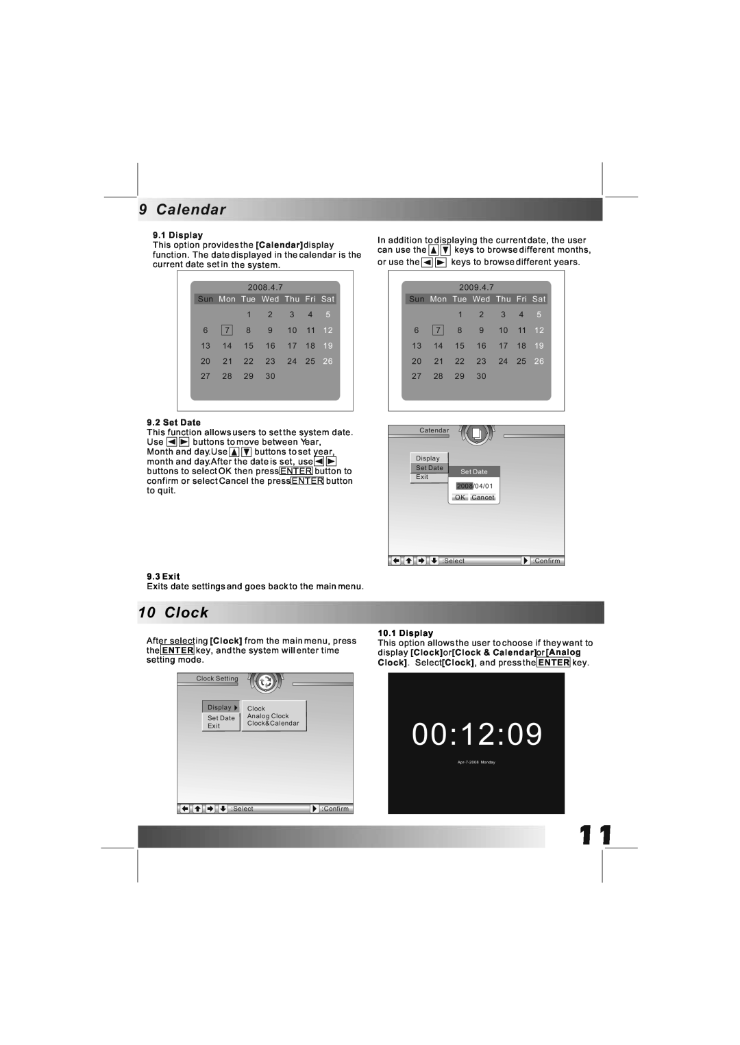 Bush DPF801/DPF1001 manual Clock, Exit, Display, 001209, Calendar 