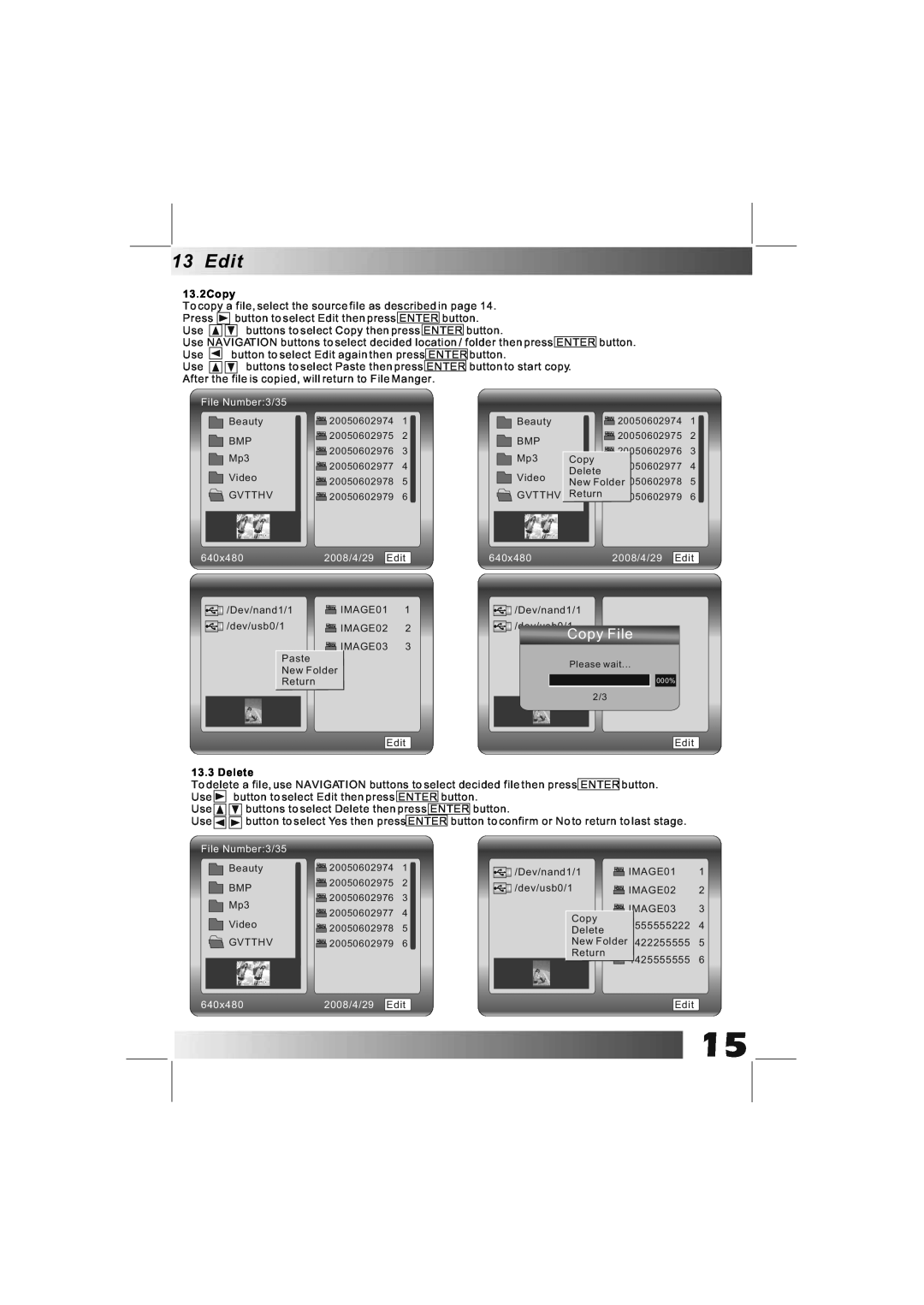 Bush DPF801/DPF1001 manual Copy File, File Number3/35, 640x480, 2008/4/29 Edit, Delete 