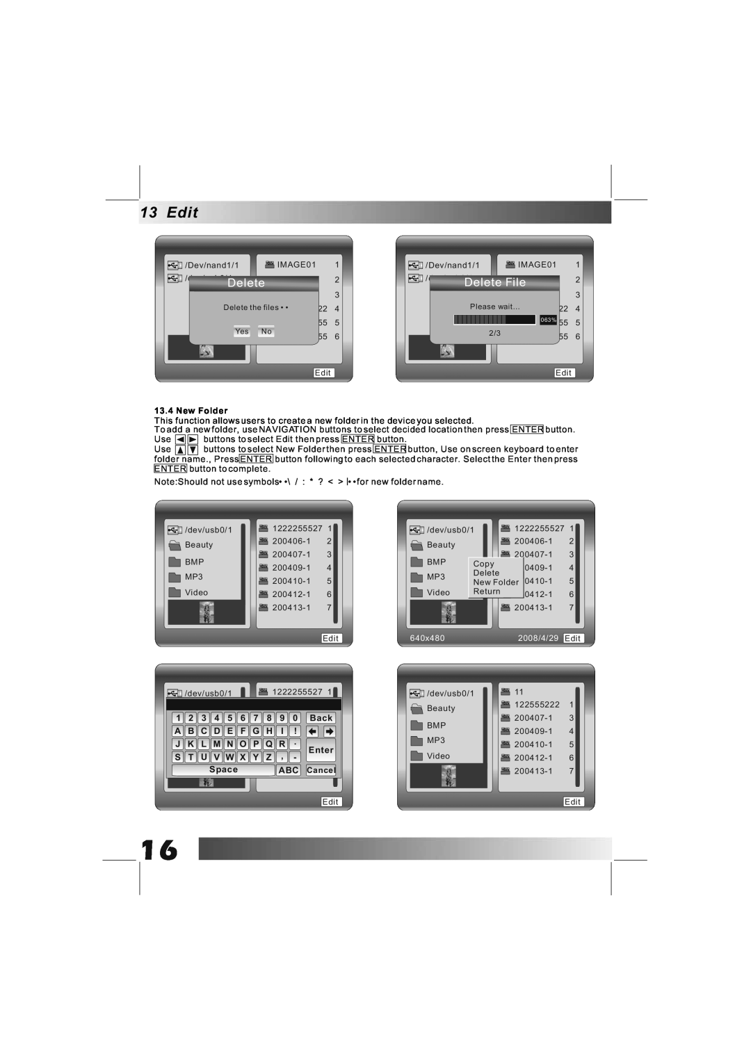 Bush DPF801/DPF1001 manual Delete File, New Folder, 2008/4/29, Edit, 640x480 