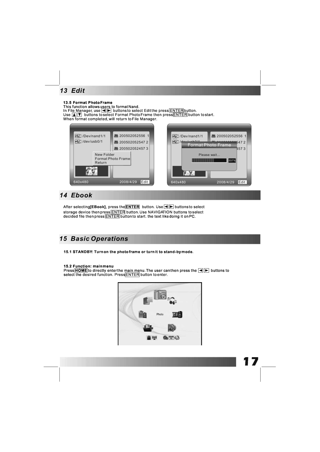Bush DPF801/DPF1001 manual Ebook, Basic Operations, Format Photo Frame, 2008/4/29 Edit, Function main menu, 640x480 
